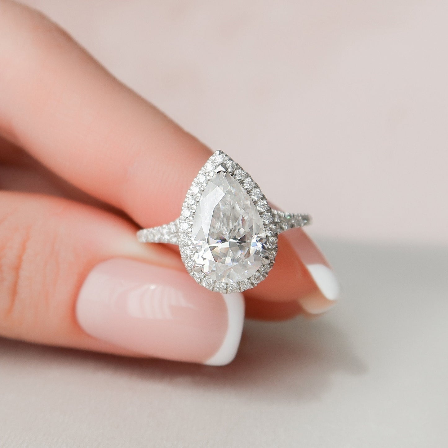 3.0 CT Pear Halo & Pave Split Shank Moissanite Engagement Ring 4
