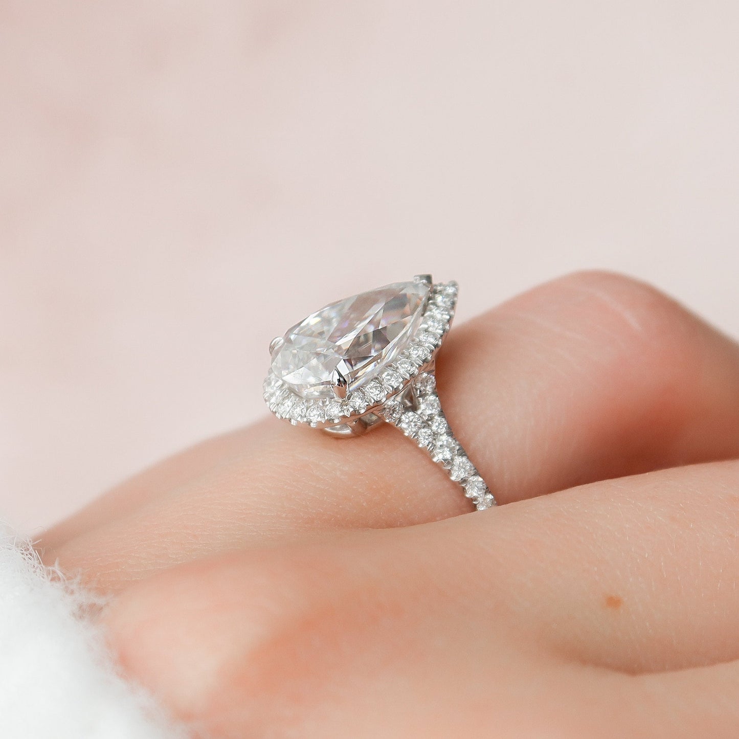 3.0 CT Pear Halo & Pave Split Shank Moissanite Engagement Ring 7