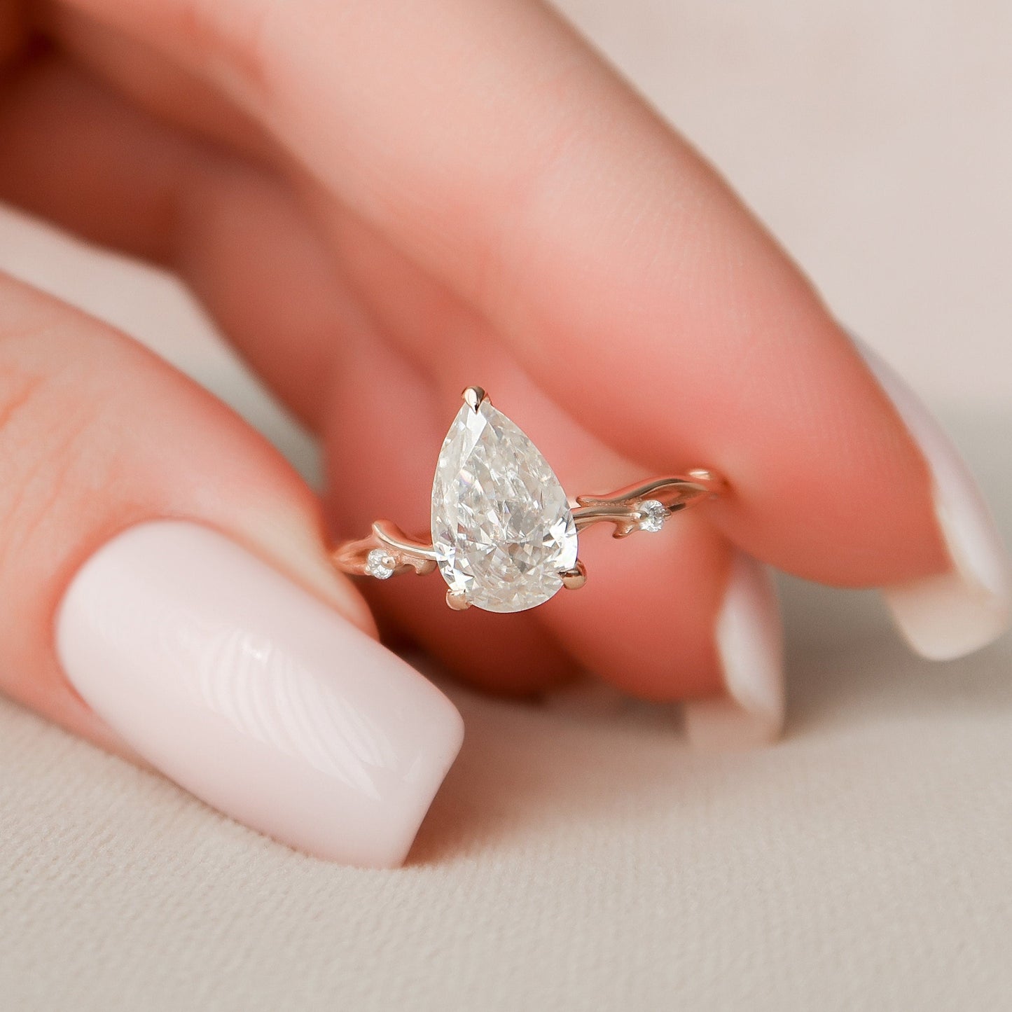 1.5 CT Pear Cut Twig Pave Moissanite Engagement Ring 4