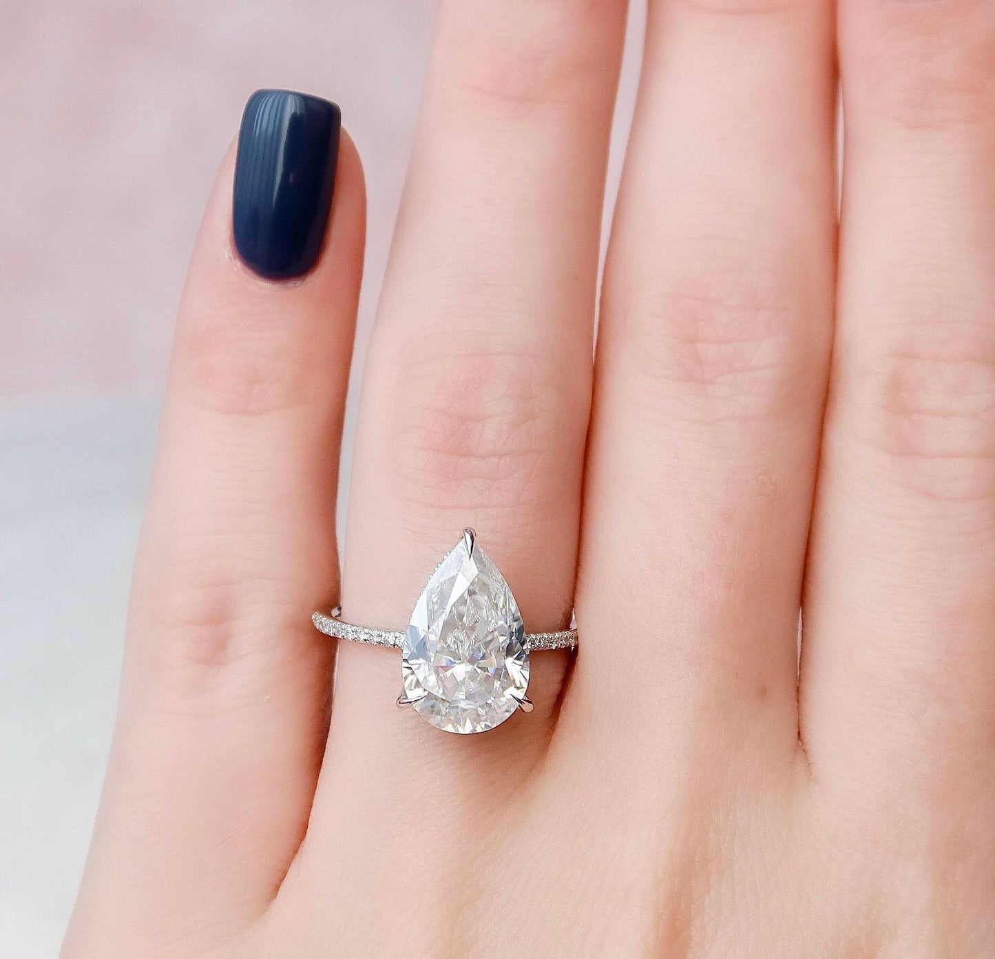 4.5 CT Pear Cut Hidden Halo Pave Setting Moissanite Engagement Ring 7