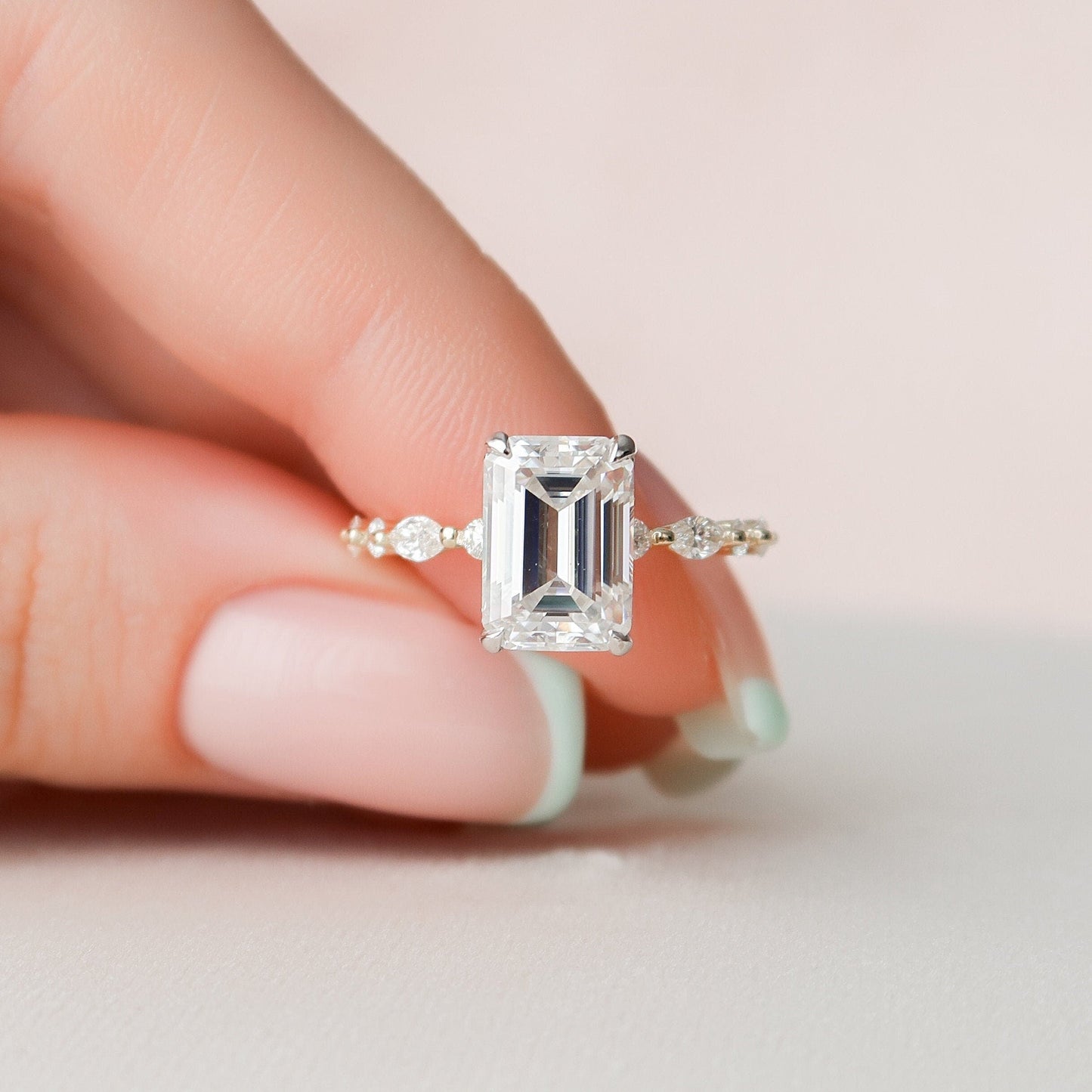 3.0 CT Emerald Cut Hidden Halo Pave Setting Moissanite Engagement Ring 3