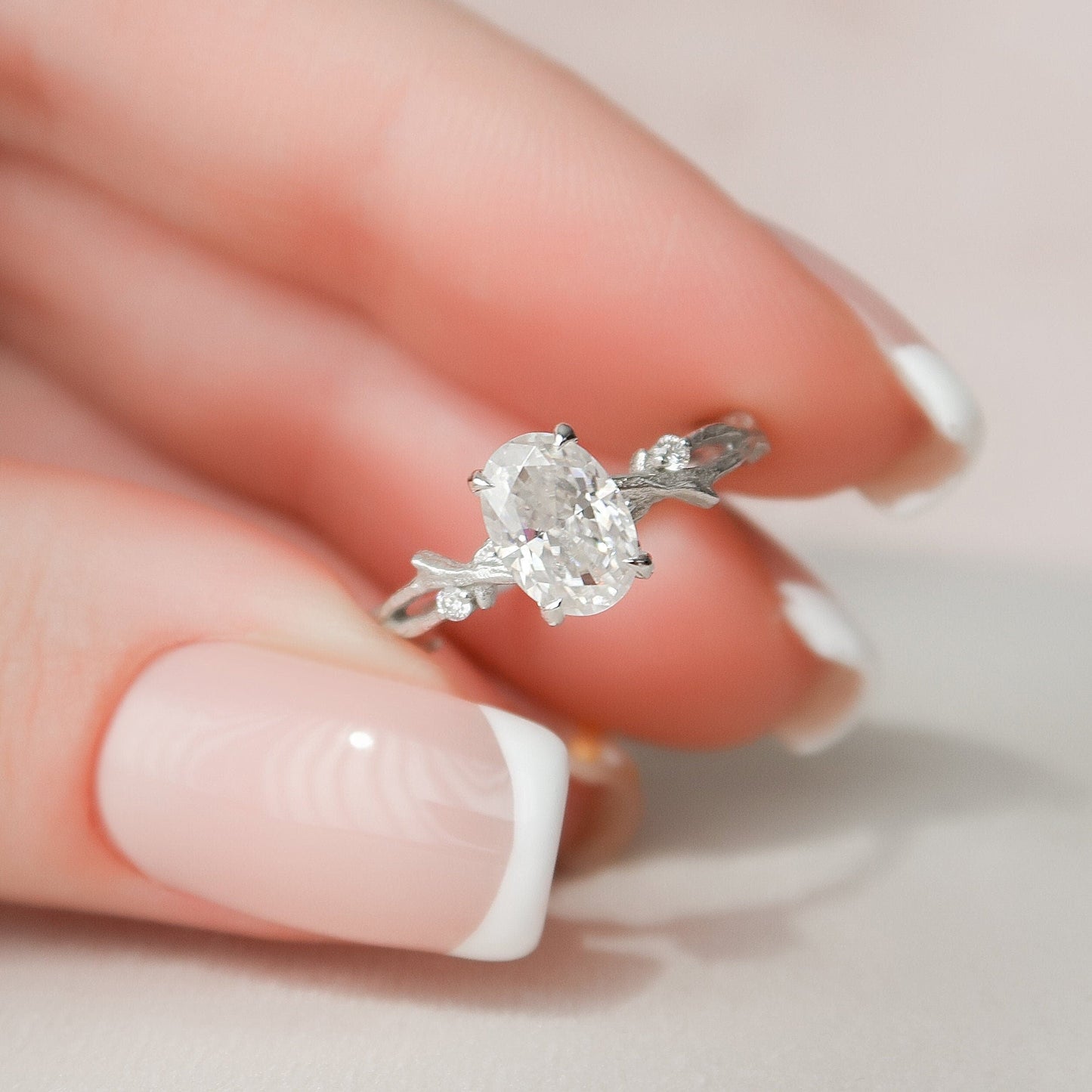 1.0 CT Oval Cut Twig Pave Moissanite Engagement Ring 4