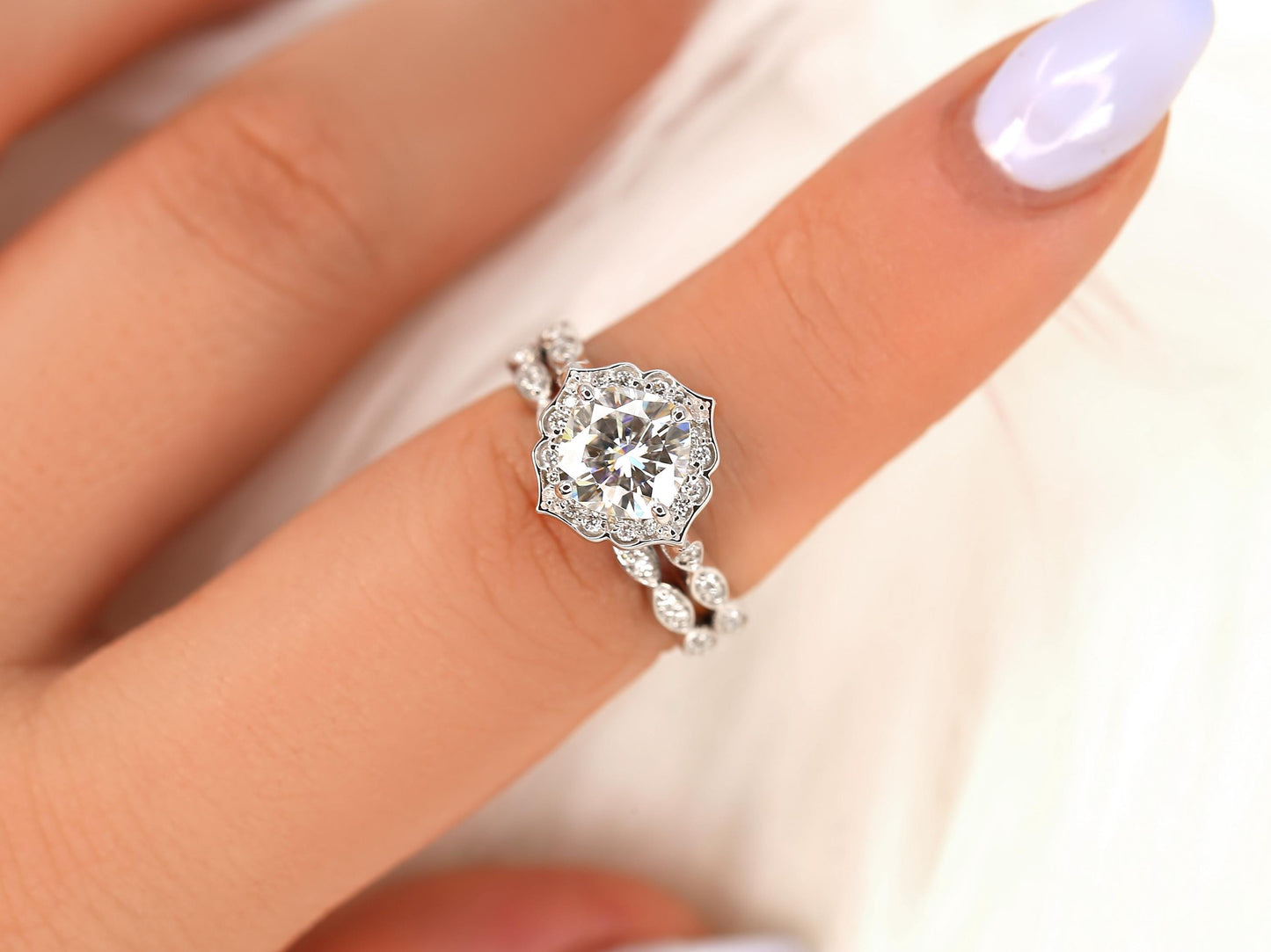 1.7 CT Cushion Cut Floral Halo & Pave Moissanite Bridal Ring Set