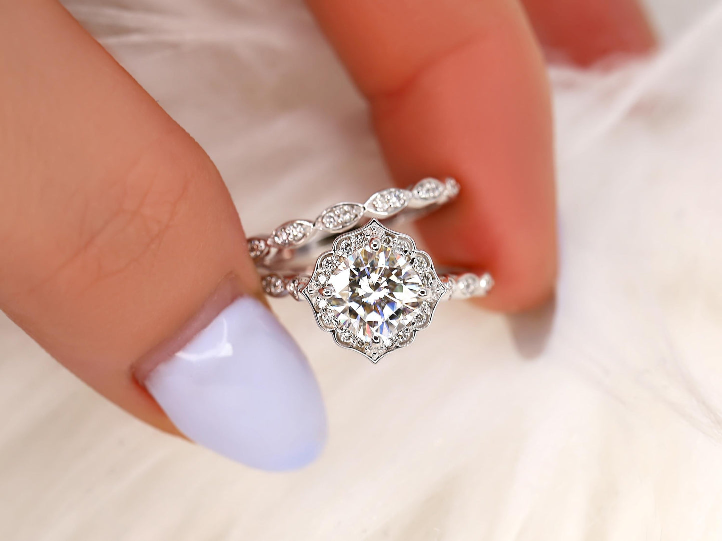 1.7 CT Cushion Cut Floral Halo & Pave Moissanite Bridal Ring Set