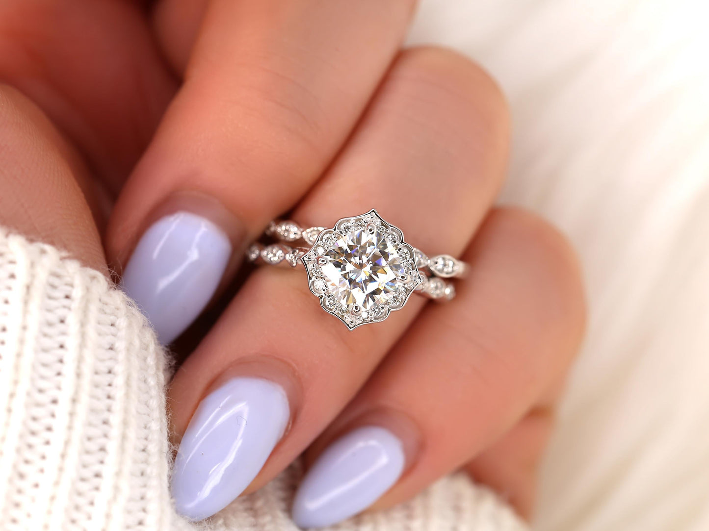 1.7 CT Cushion Cut Floral Halo & Pave Moissanite Bridal Ring Set