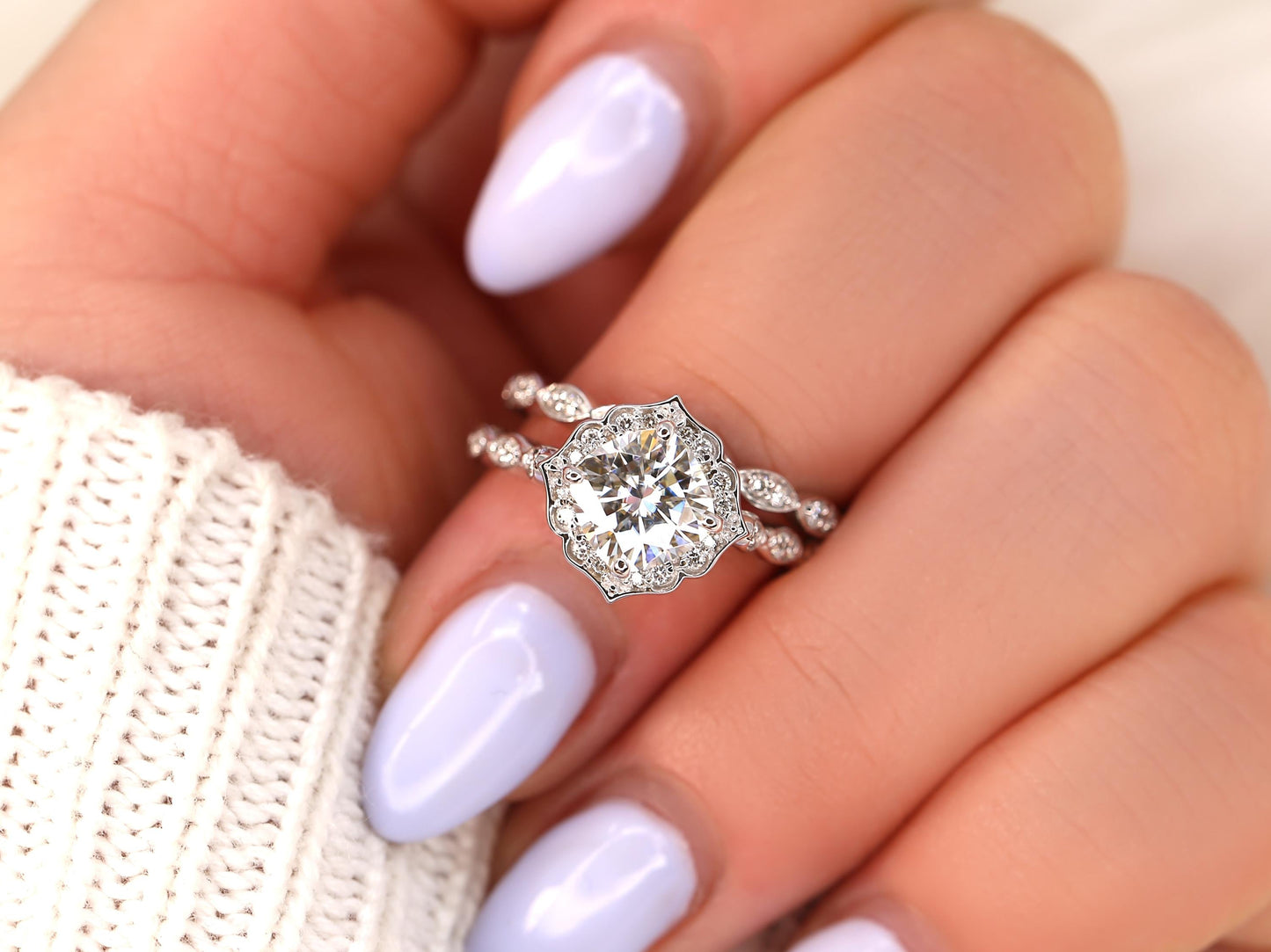1.7 CT Cushion Cut Floral Halo & Pave Moissanite Bridal Ring Set