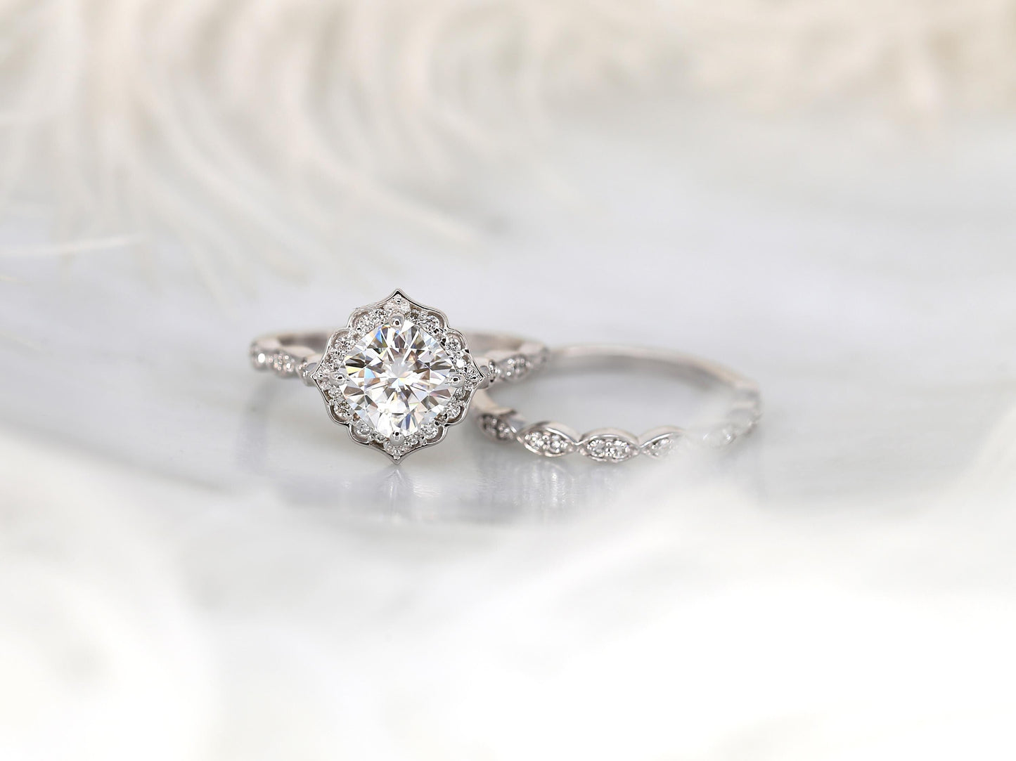 1.7 CT Cushion Cut Floral Halo & Pave Moissanite Bridal Ring Set
