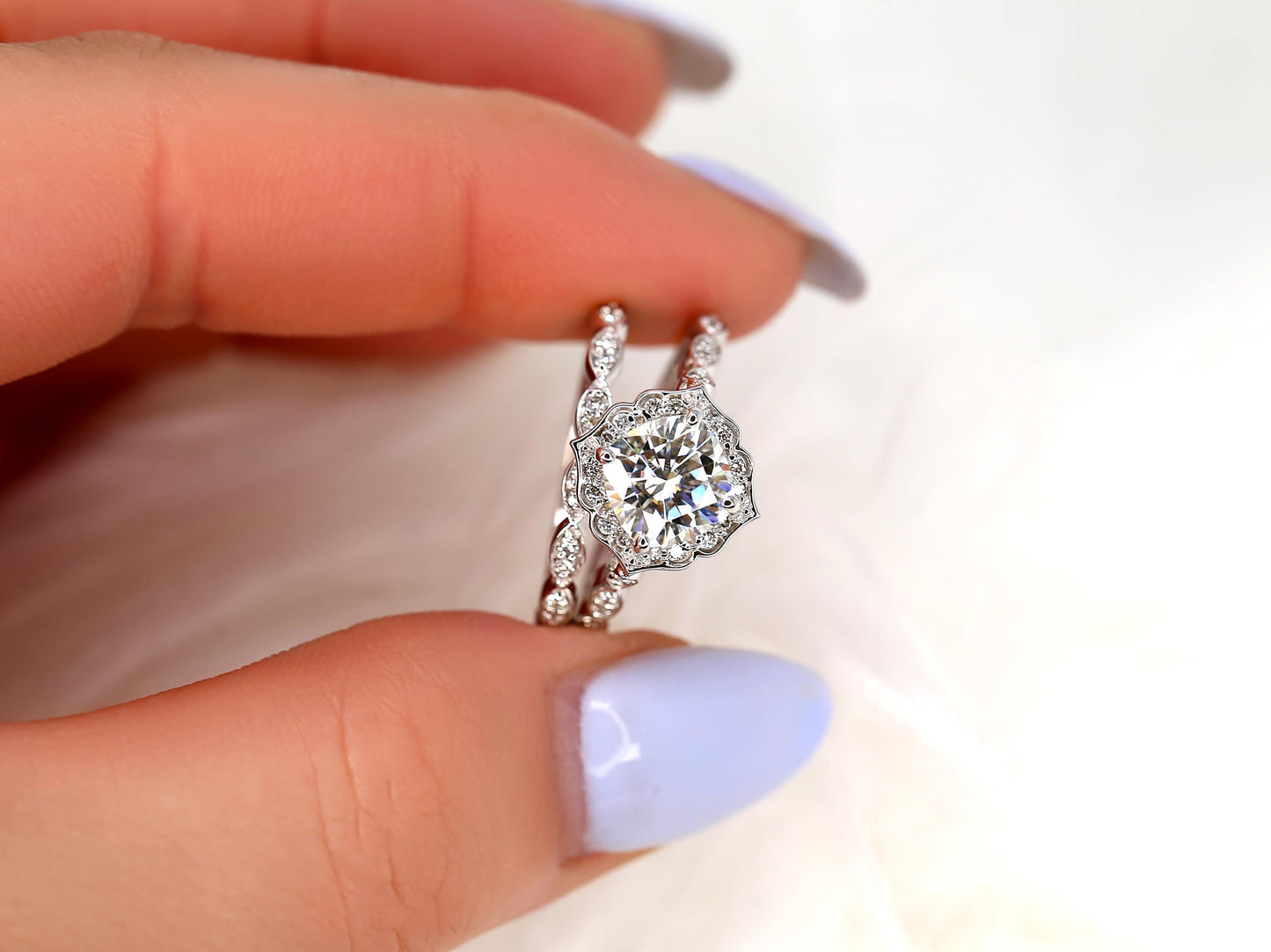 1.7 CT Cushion Cut Floral Halo & Pave Moissanite Bridal Ring Set