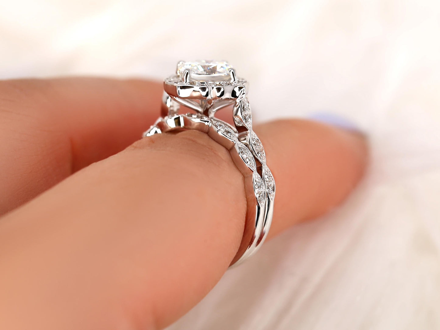 1.7 CT Cushion Cut Floral Halo & Pave Moissanite Bridal Ring Set