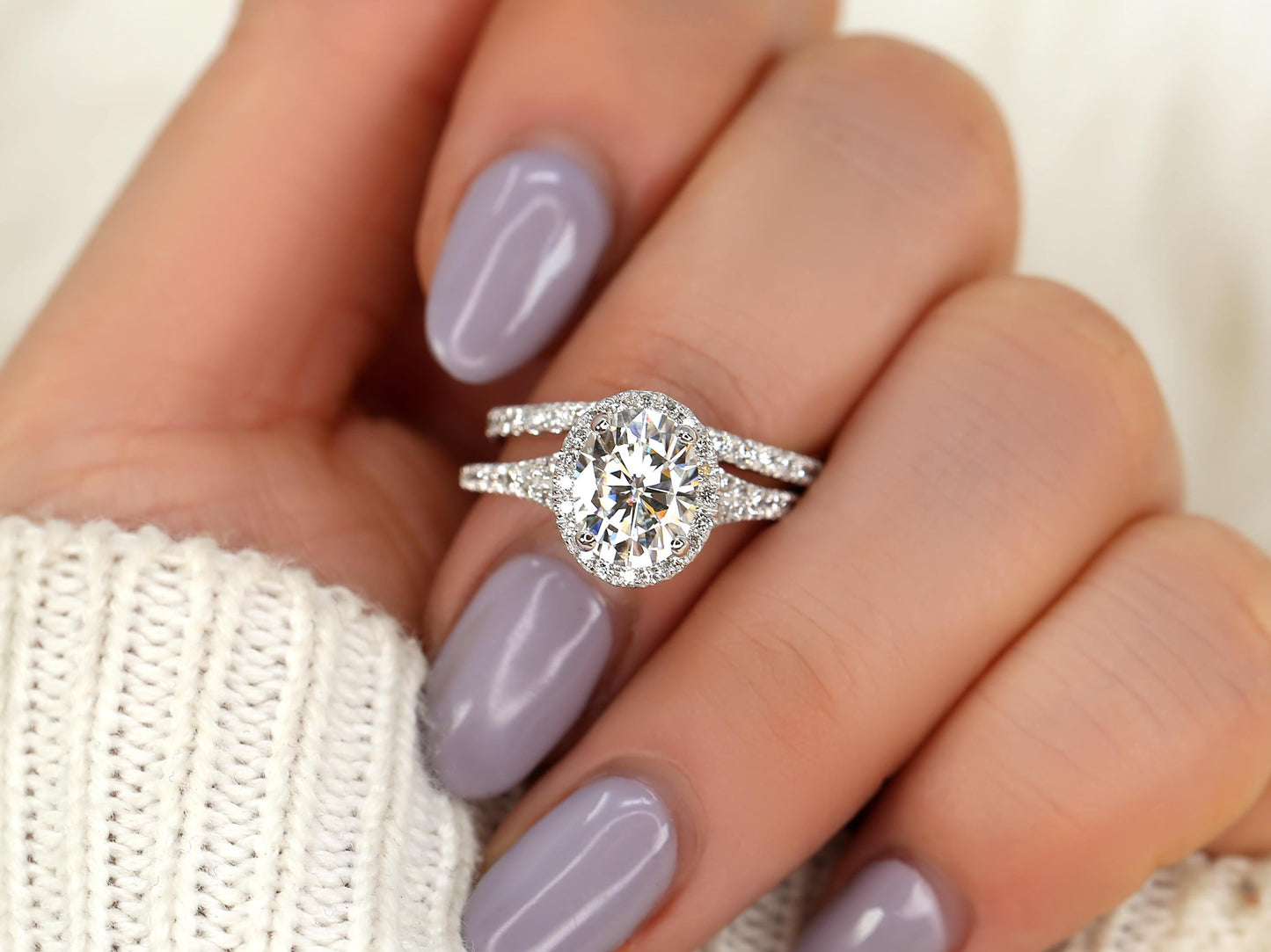 2 CT Oval Cut Halo & Pave Moissanite Bridal Ring Set