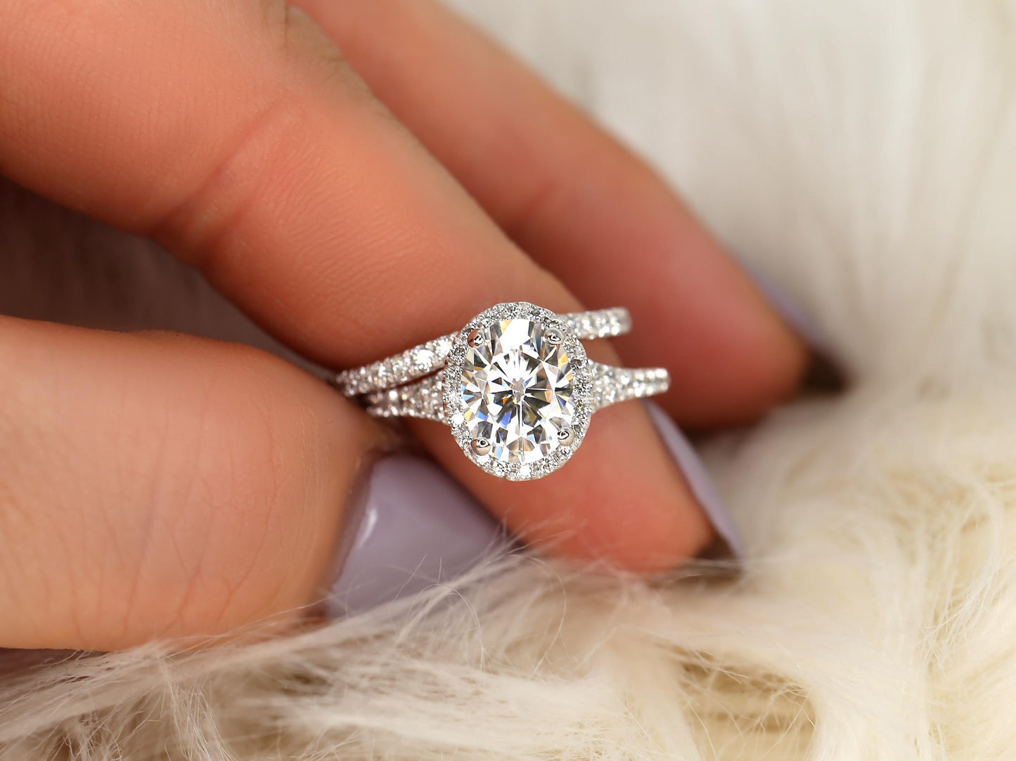 2 CT Oval Cut Halo & Pave Moissanite Bridal Ring Set