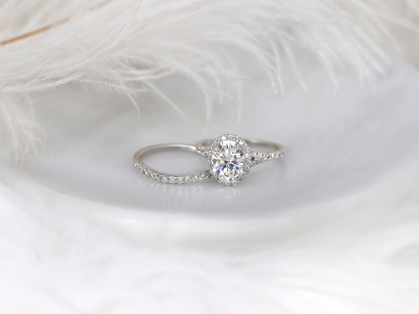 2 CT Oval Cut Halo & Pave Moissanite Bridal Ring Set