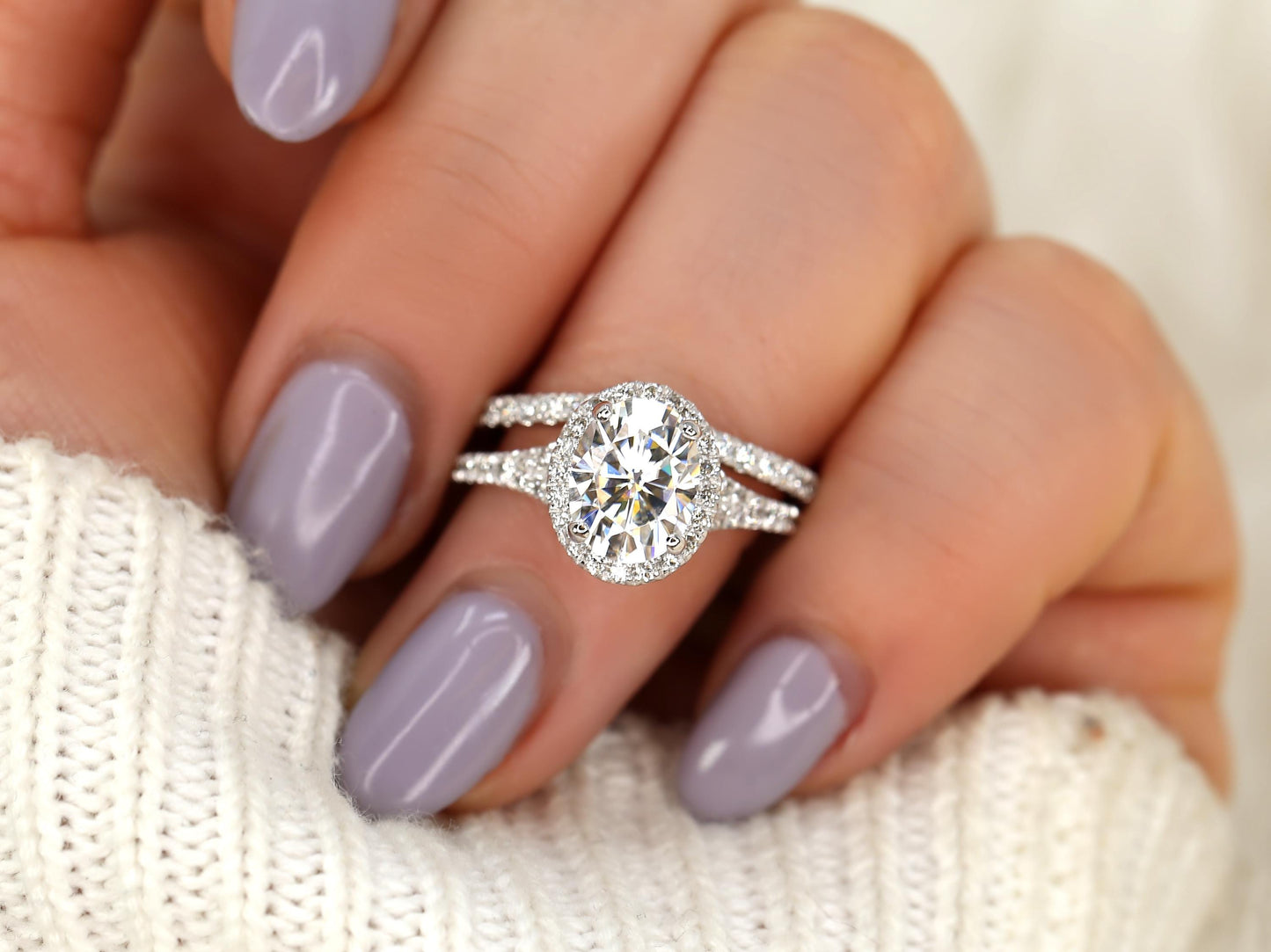 2 CT Oval Cut Halo & Pave Moissanite Bridal Ring Set