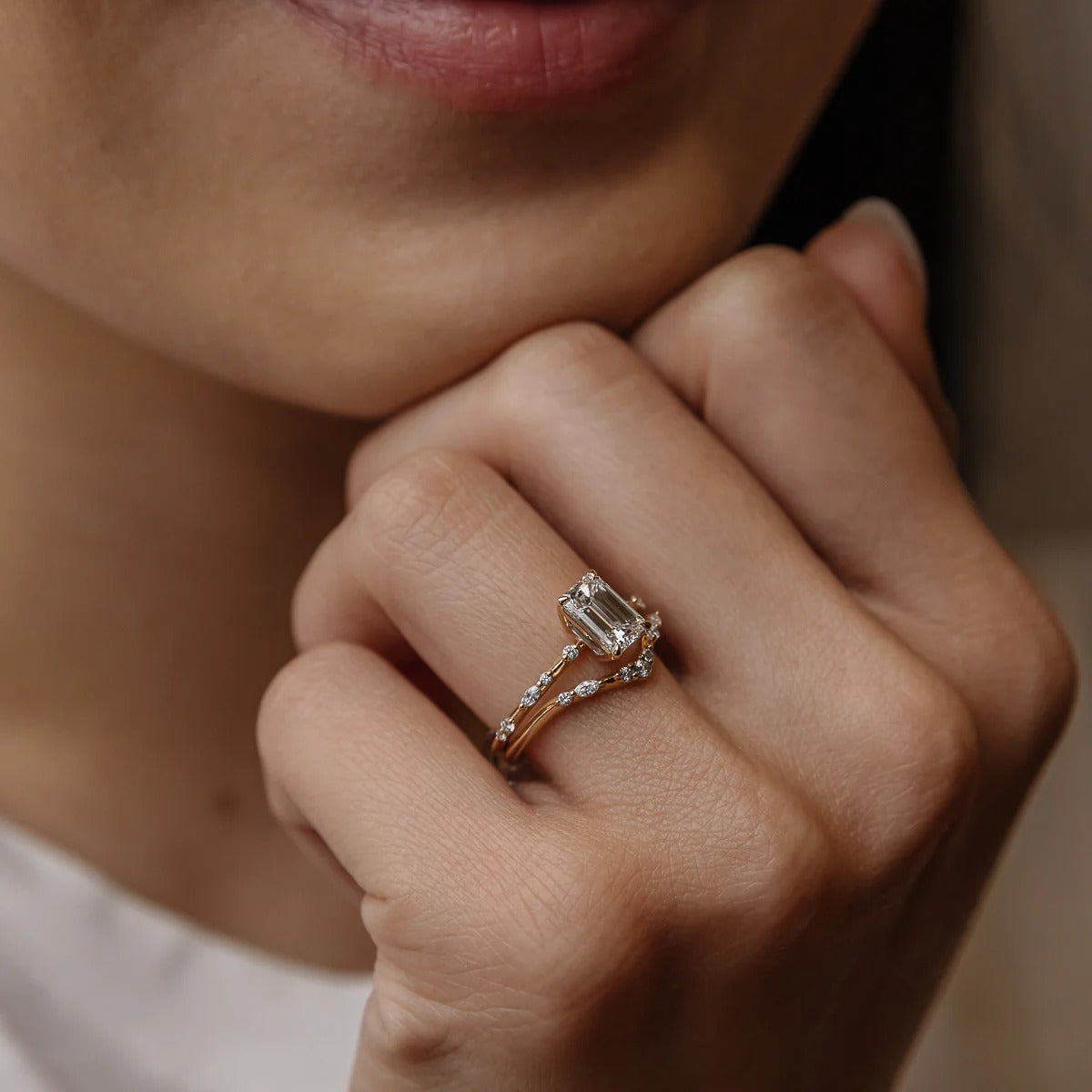 1.01 CT Emerald Shaped Dainty Moissanite Engagement Ring