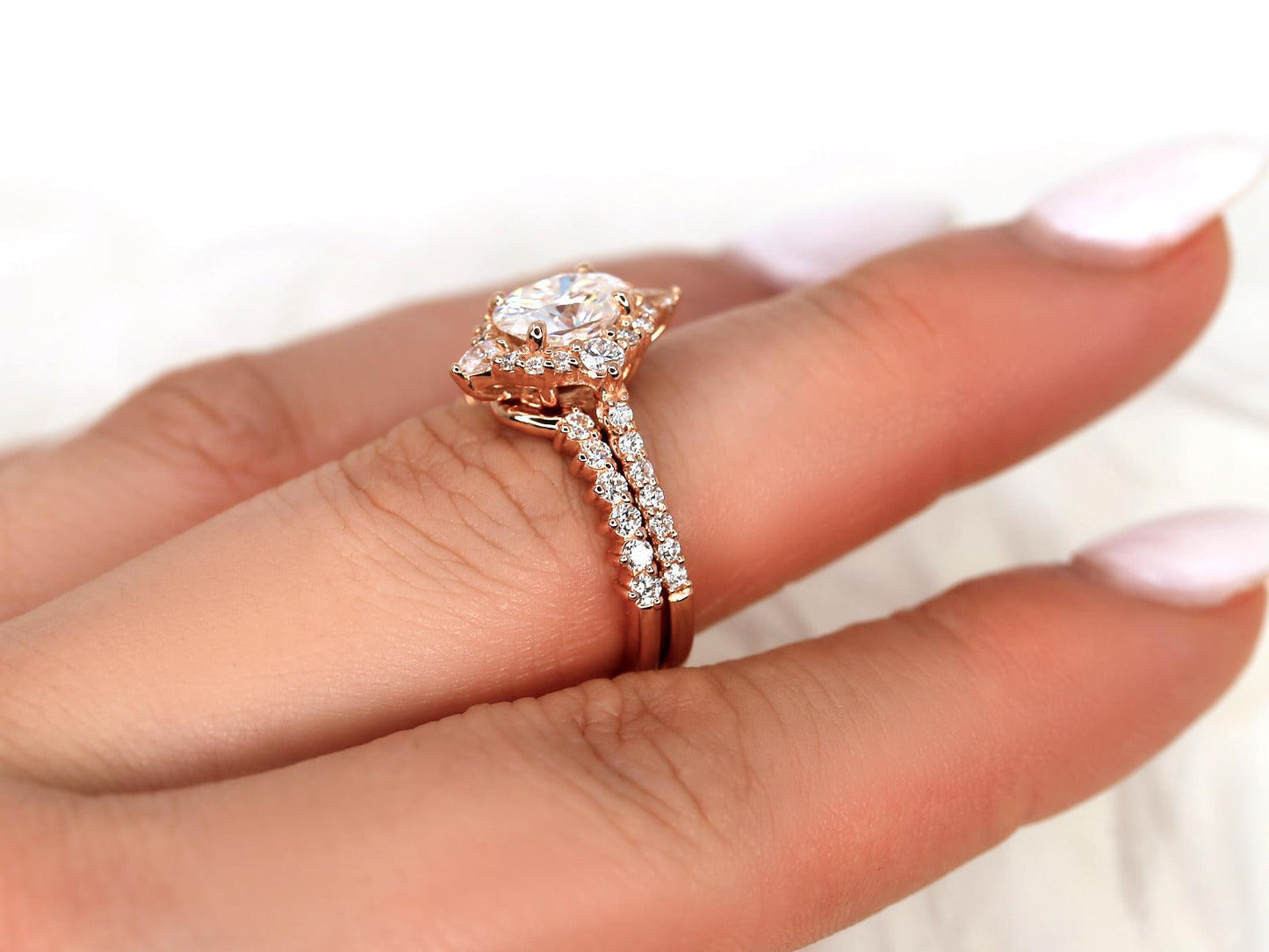 1.5 CT Oval Cut Halo & Pave Moissanite Bridal Ring Set