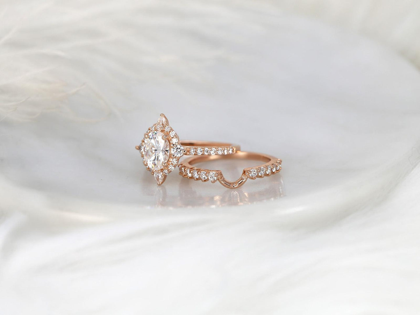 1.5 CT Oval Cut Halo & Pave Moissanite Bridal Ring Set