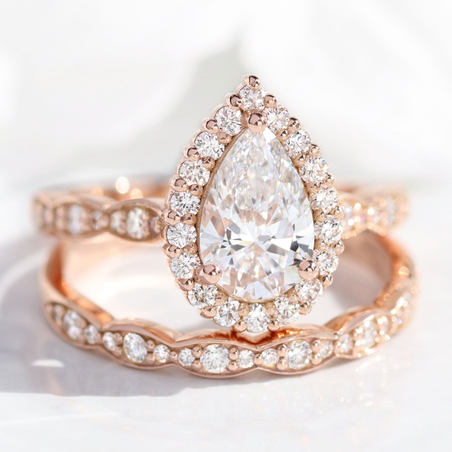 1.2 CT Pear Cut Curved Halo & Pave Moissanite Bridal Ring Set