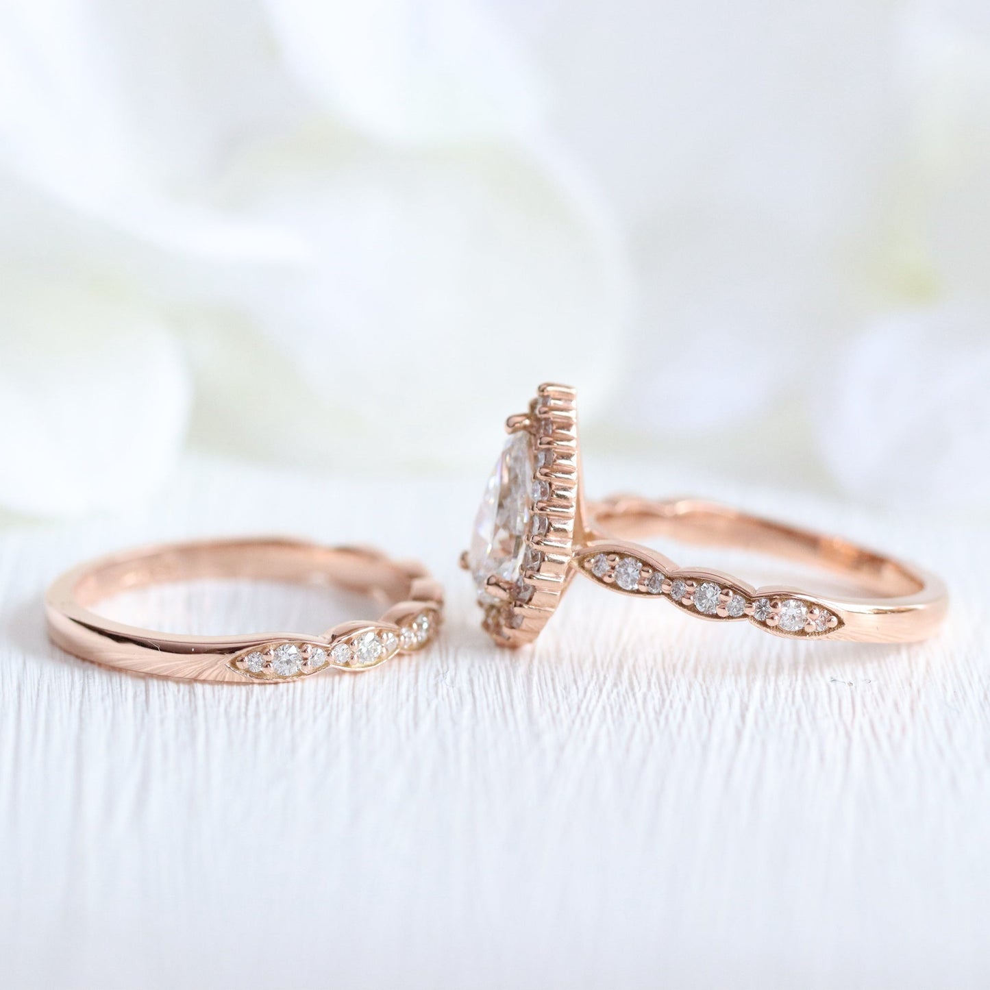 1.2 CT Pear Cut Curved Halo & Pave Moissanite Bridal Ring Set