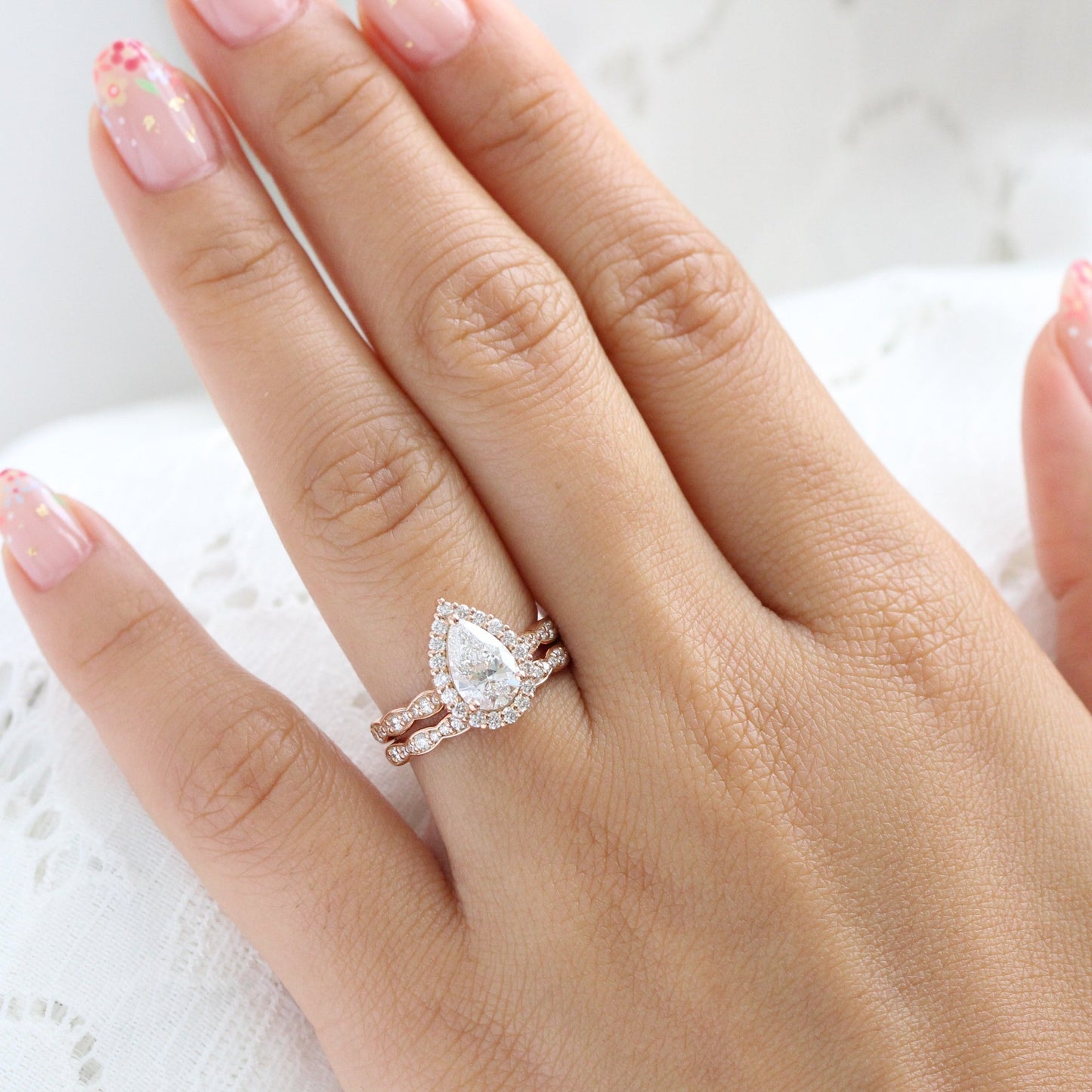 1.2 CT Pear Cut Curved Halo & Pave Moissanite Bridal Ring Set