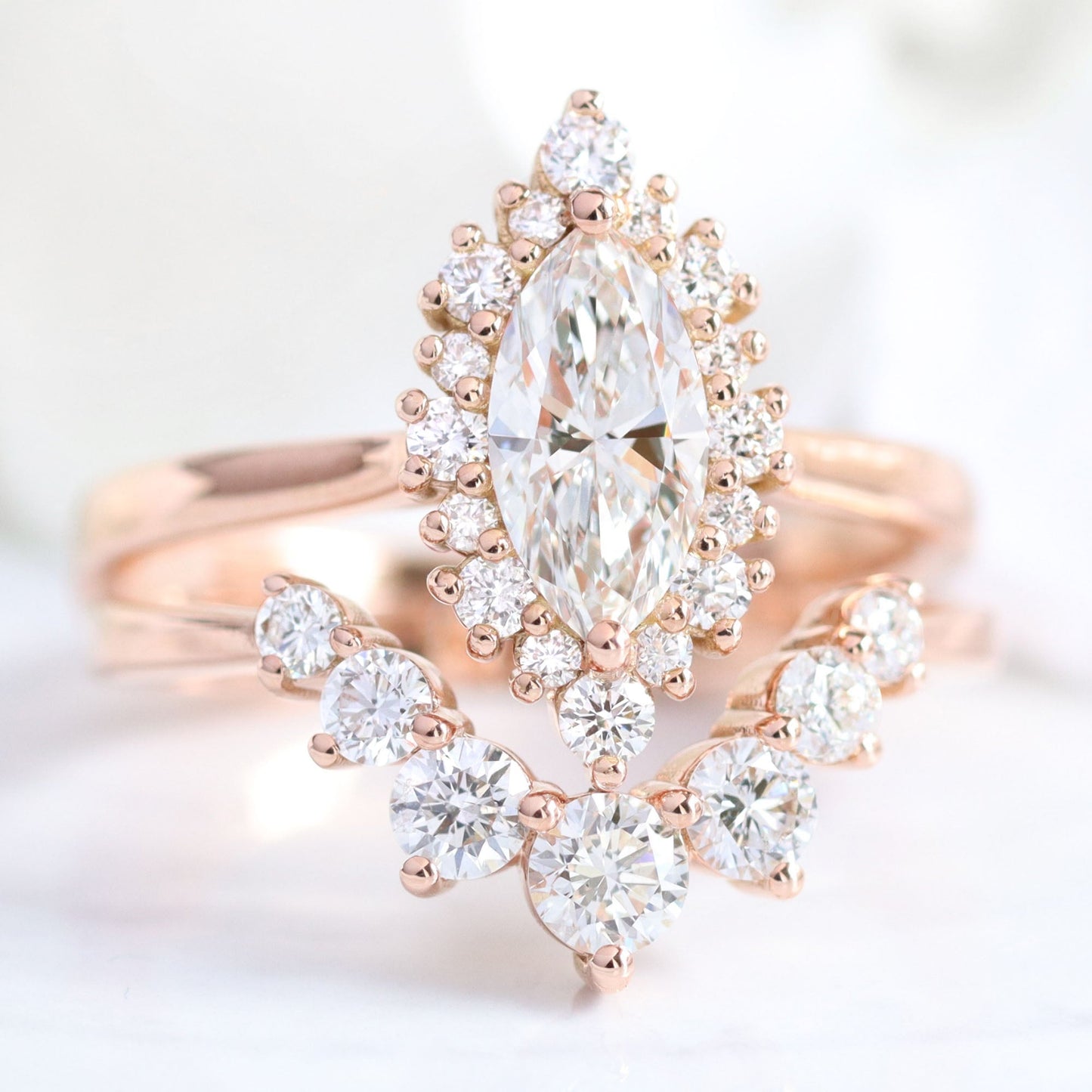 0.7 CT Marquise Cut Halo Style Moissanite Bridal Ring Set