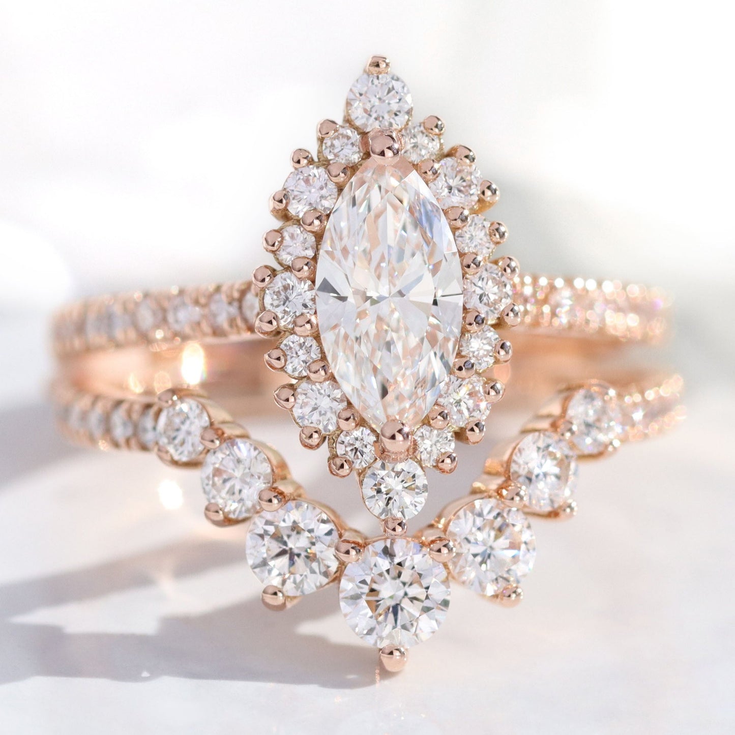 0.7 CT Marquise Cut Curved Pave Moissanite Bridal Ring Set