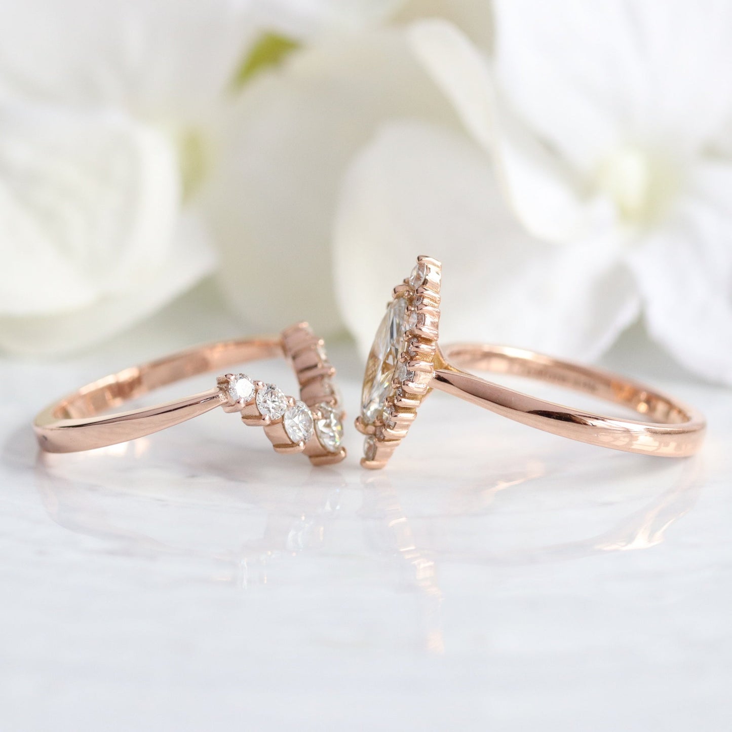 0.7 CT Marquise Cut Halo Style Moissanite Bridal Ring Set