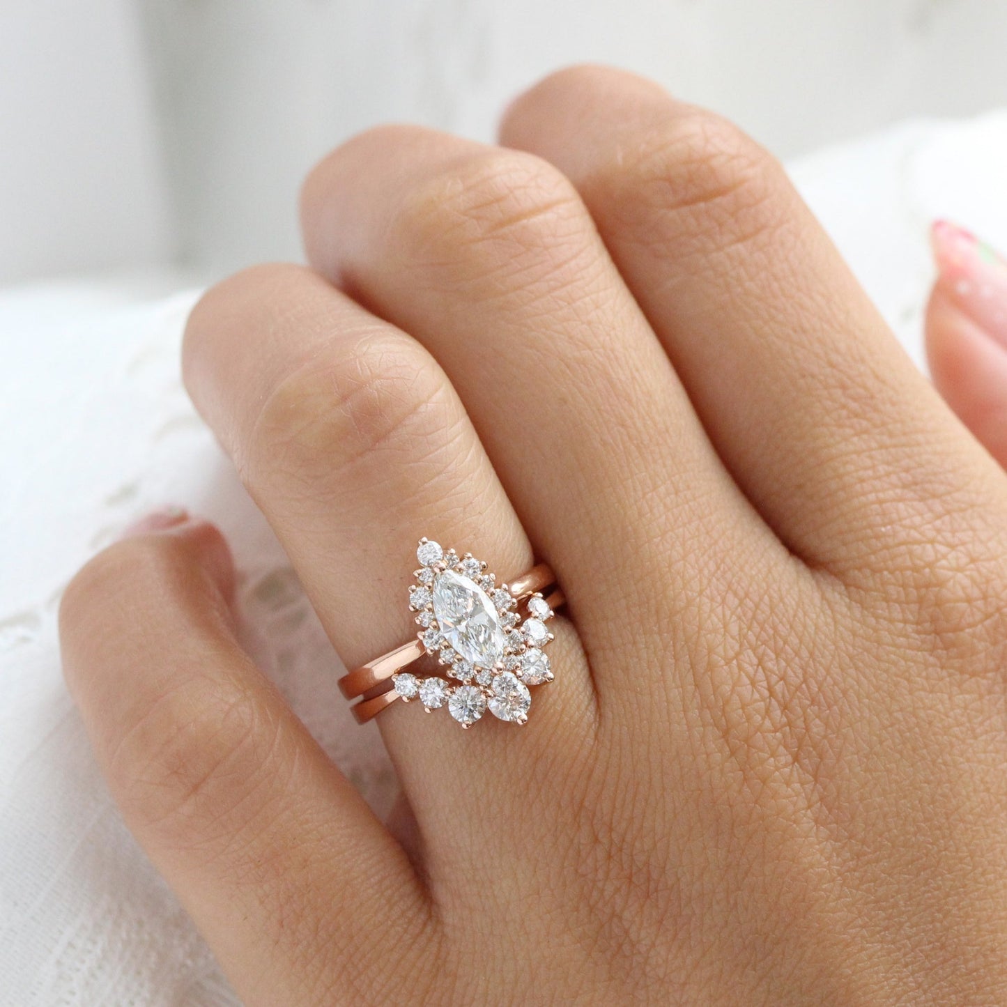 0.7 CT Marquise Cut Halo Style Moissanite Bridal Ring Set