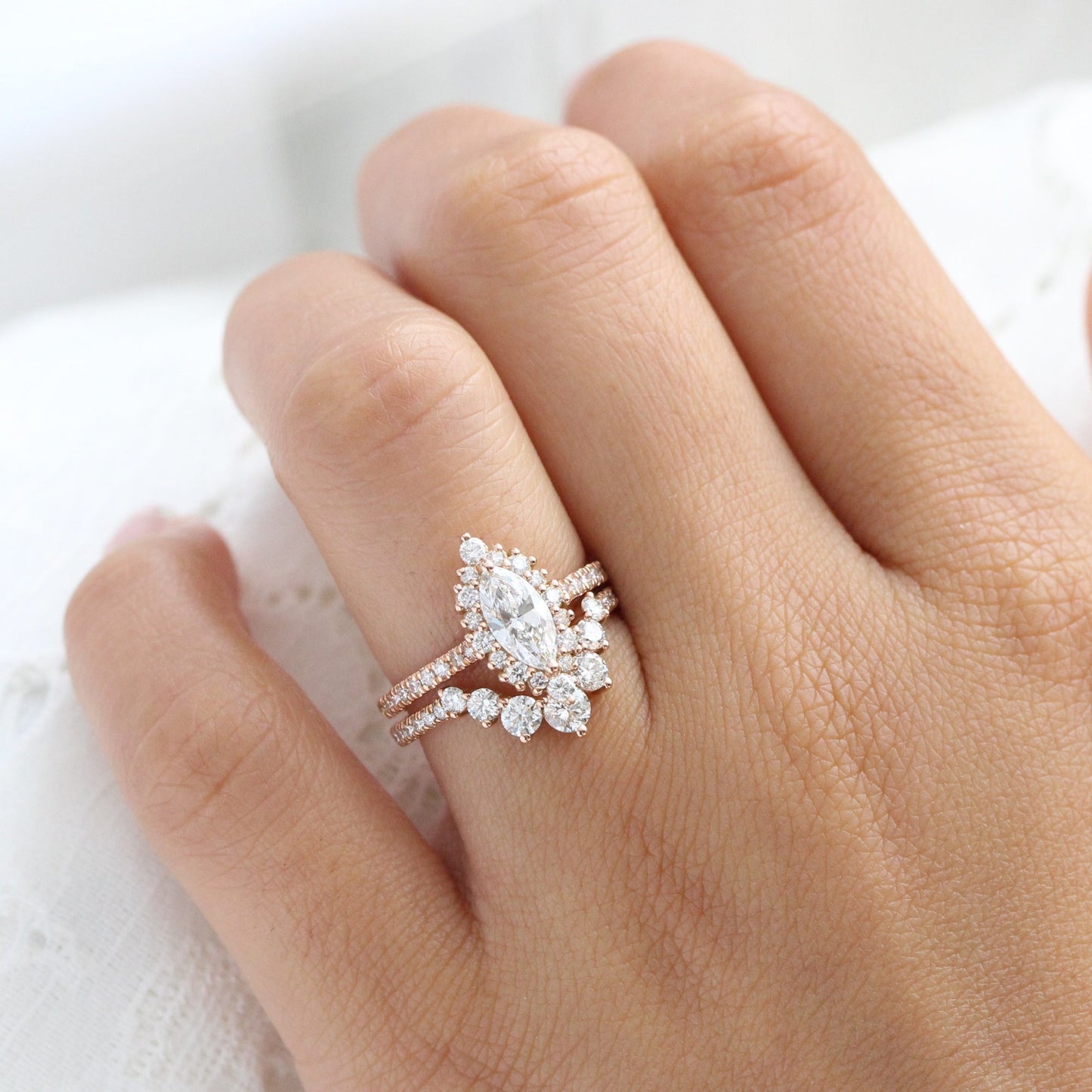 0.7 CT Marquise Cut Curved Pave Moissanite Bridal Ring Set