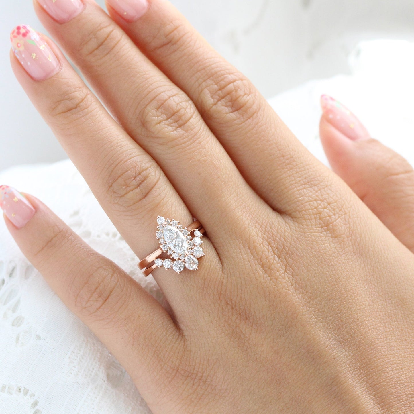 0.7 CT Marquise Cut Halo Style Moissanite Bridal Ring Set