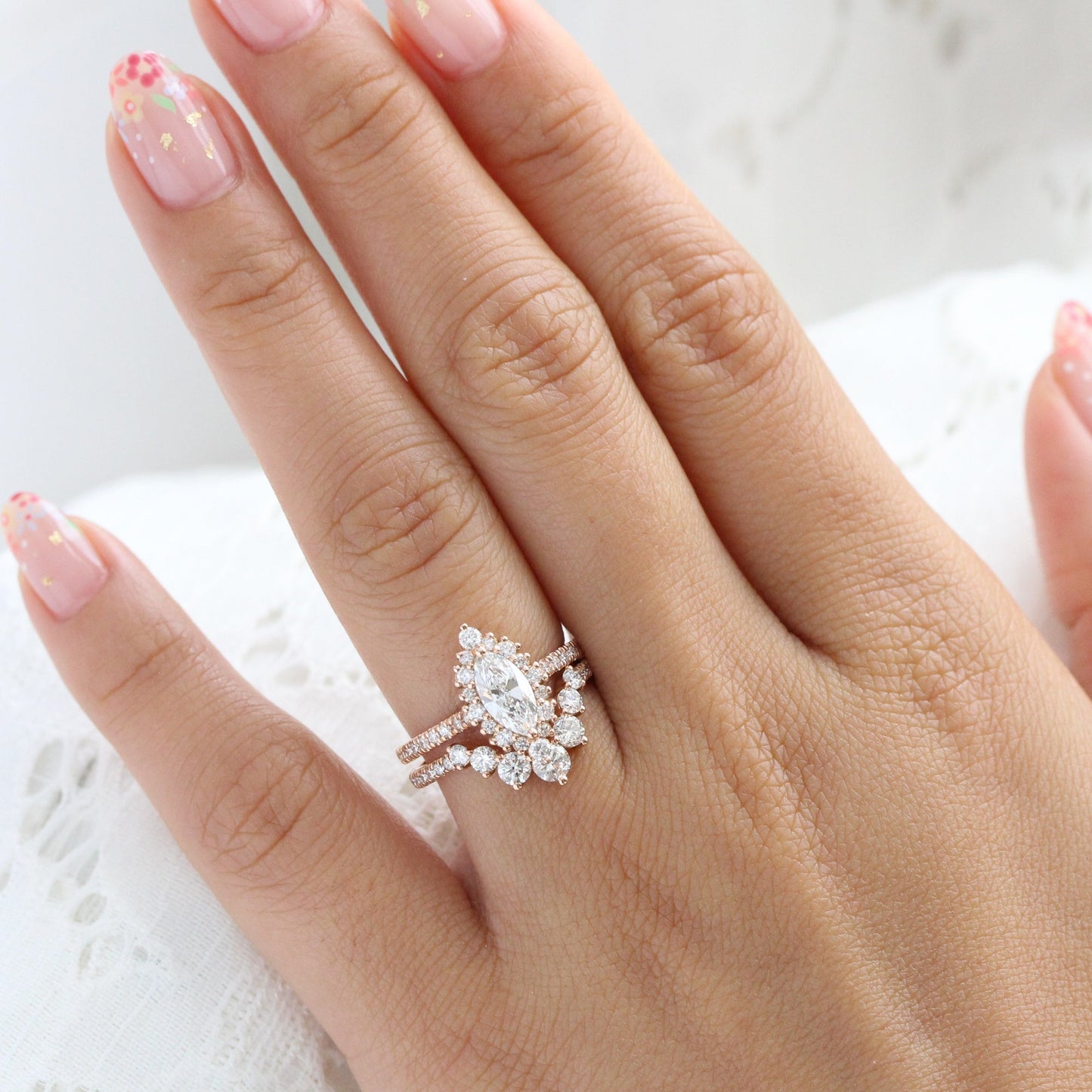 0.7 CT Marquise Cut Curved Pave Moissanite Bridal Ring Set