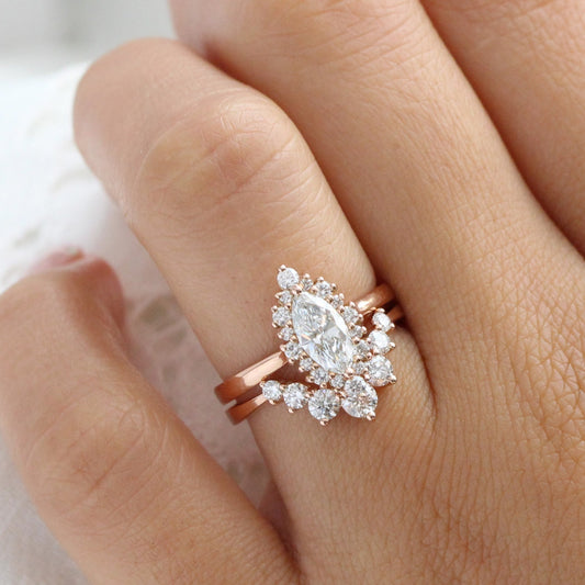 0.7 CT Marquise Cut Halo Style Moissanite Bridal Ring Set