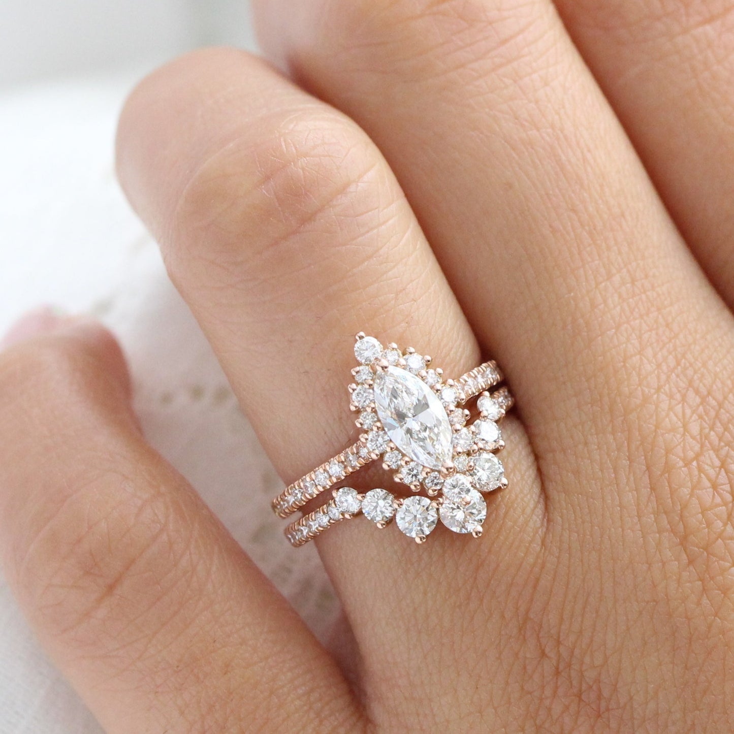 0.7 CT Marquise Cut Curved Pave Moissanite Bridal Ring Set