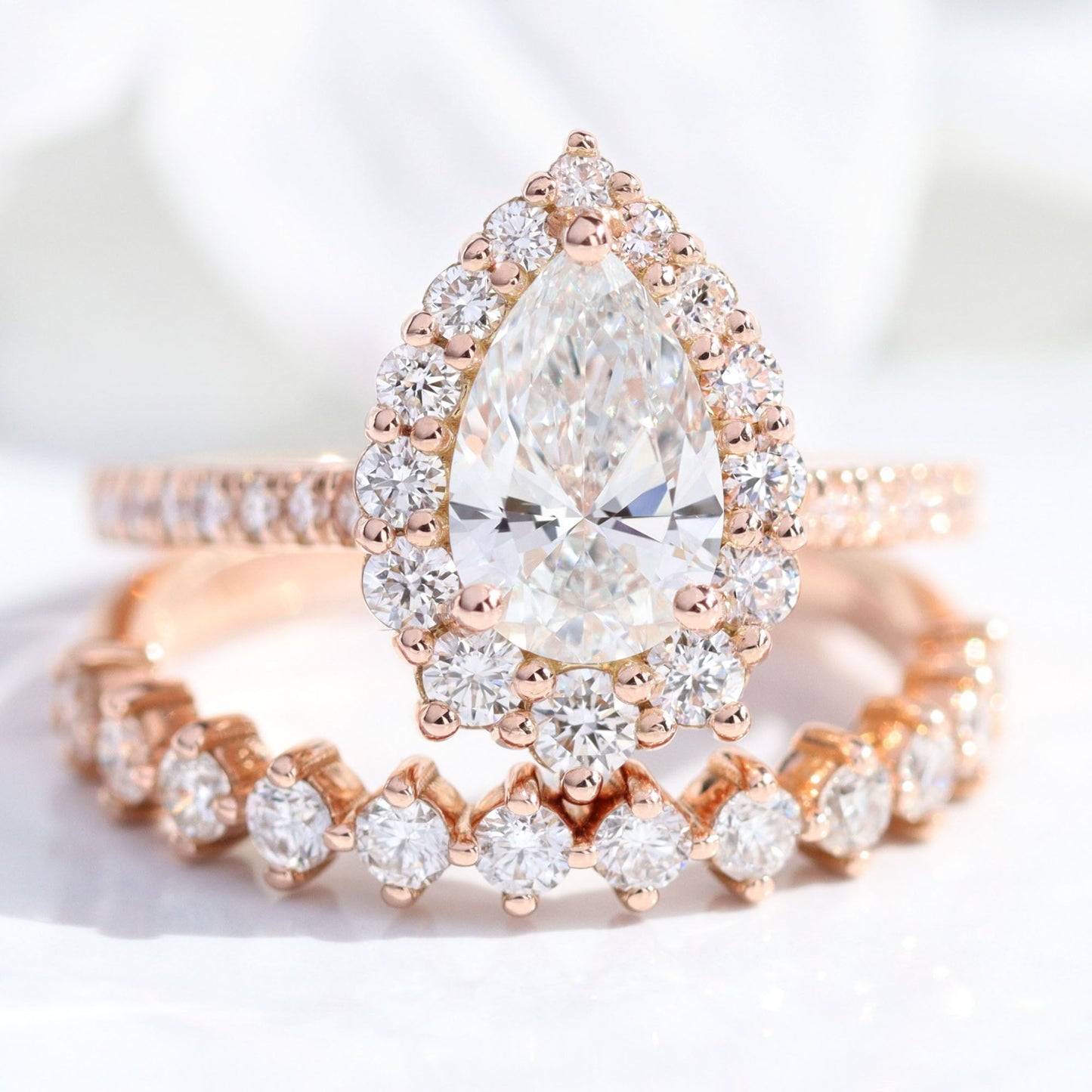 1.2 CT Pear Cut Halo & Pave Moissanite Bridal Ring Set