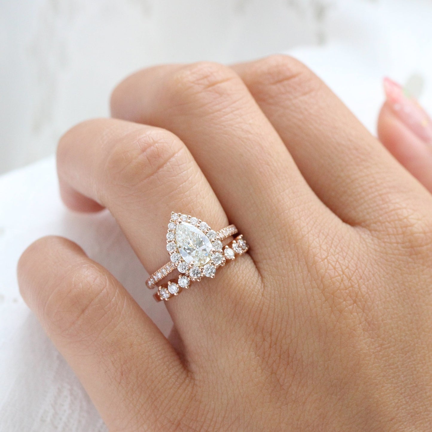 1.2 CT Pear Cut Halo & Pave Moissanite Bridal Ring Set
