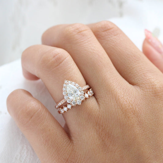 1.2 CT Pear Cut Halo & Pave Moissanite Bridal Ring Set