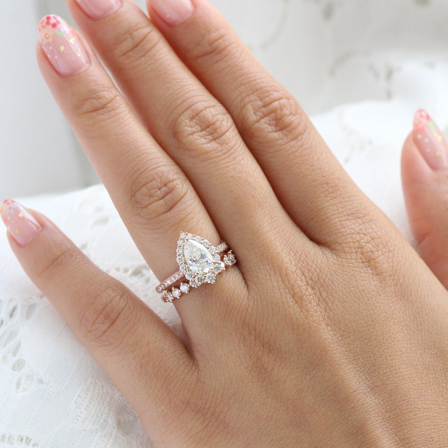 1.2 CT Pear Cut Halo & Pave Moissanite Bridal Ring Set