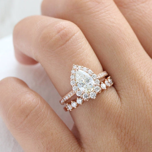 1.2 CT Pear Cut Halo & Pave Moissanite Bridal Ring Set