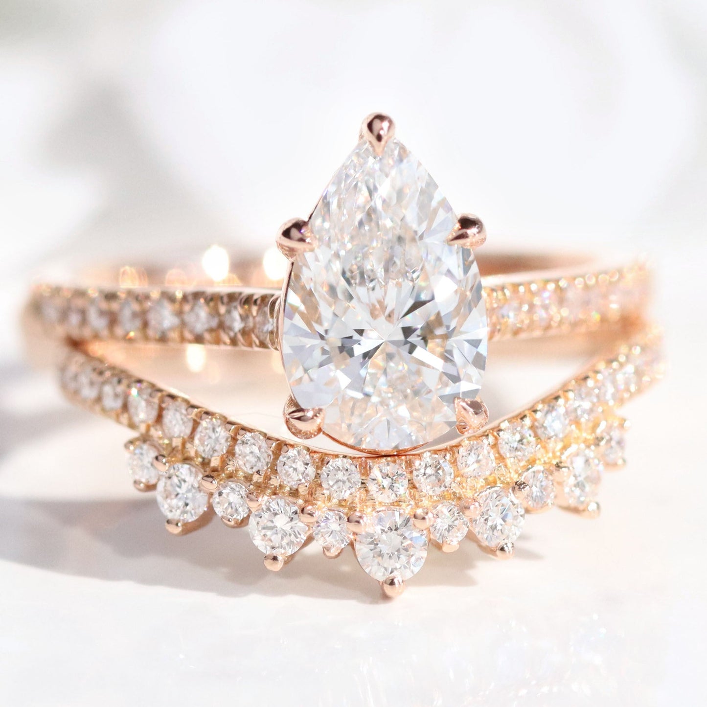 1.5 CT Pear Cut Curved Vintage Pave Moissanite Bridal Ring Set