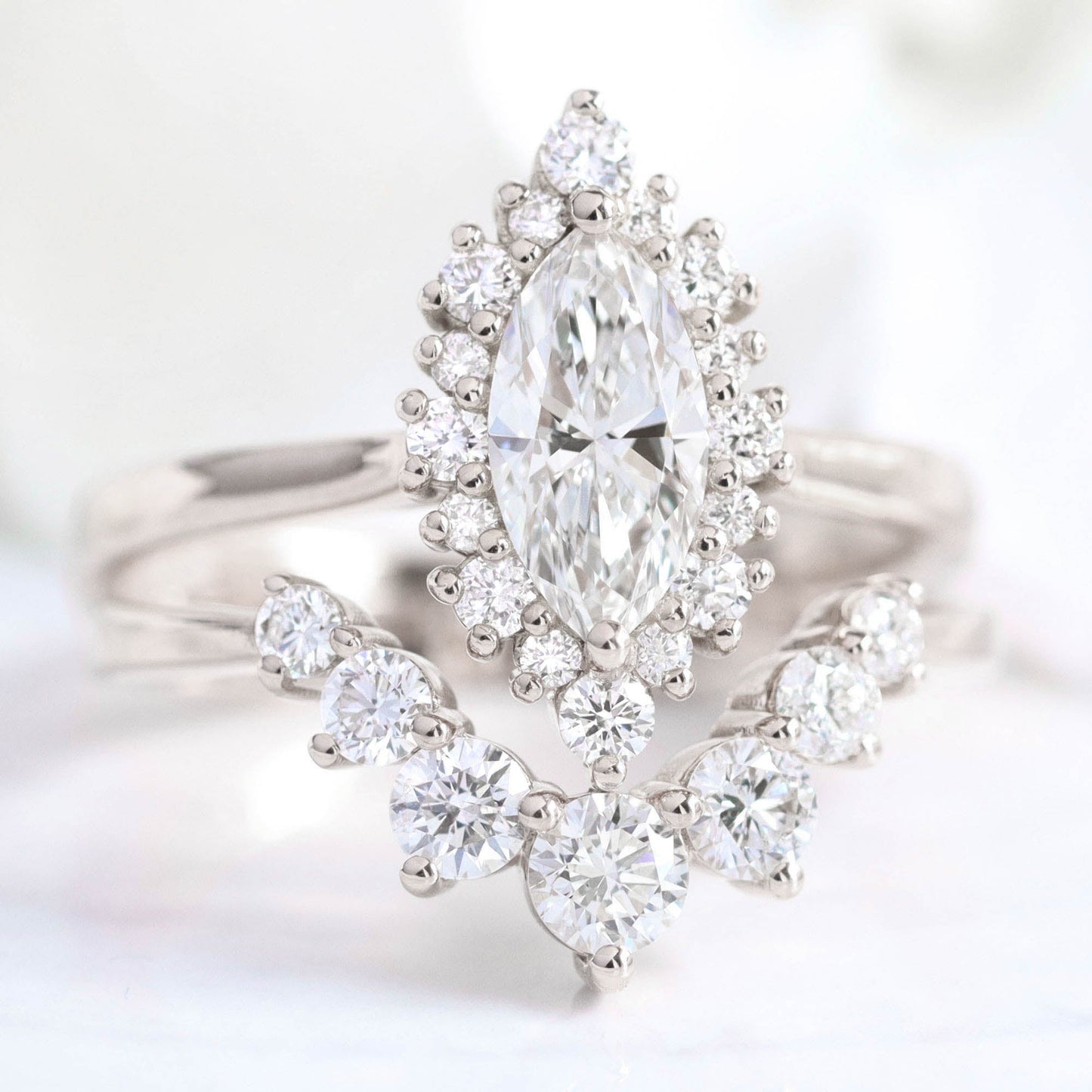 0.7 CT Marquise Cut Halo Style Moissanite Bridal Ring Set