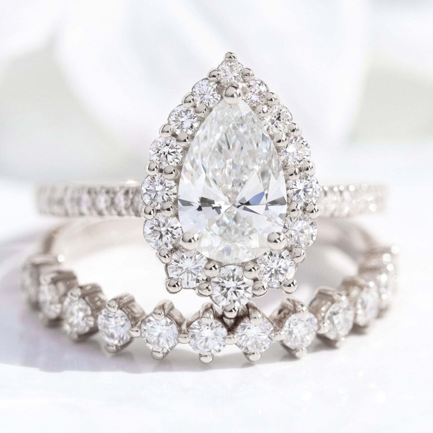 1.2 CT Pear Cut Halo & Pave Moissanite Bridal Ring Set