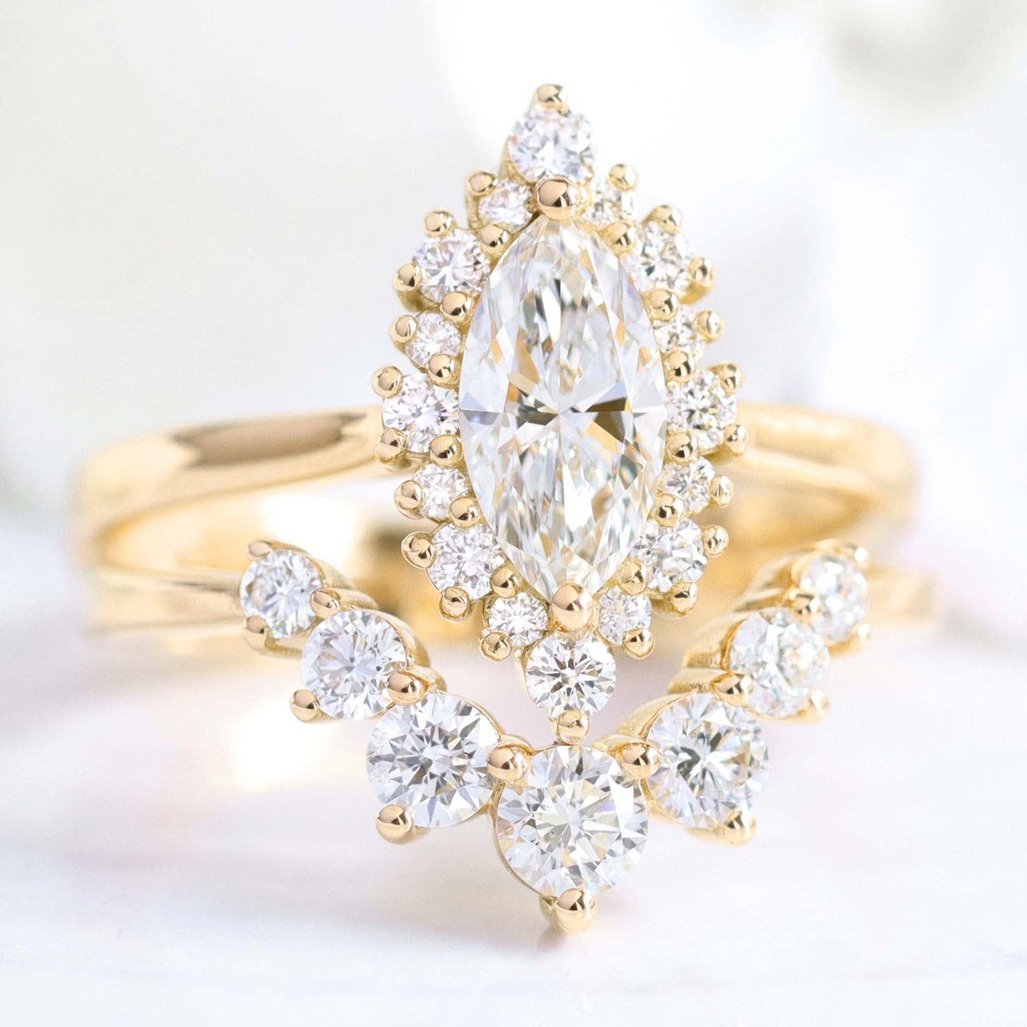 0.7 CT Marquise Cut Halo Style Moissanite Bridal Ring Set