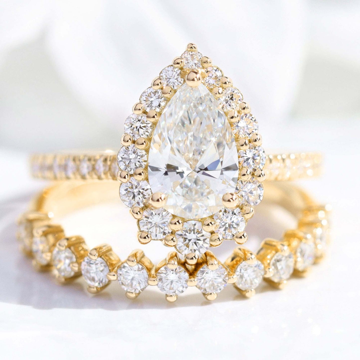 1.2 CT Pear Cut Halo & Pave Moissanite Bridal Ring Set