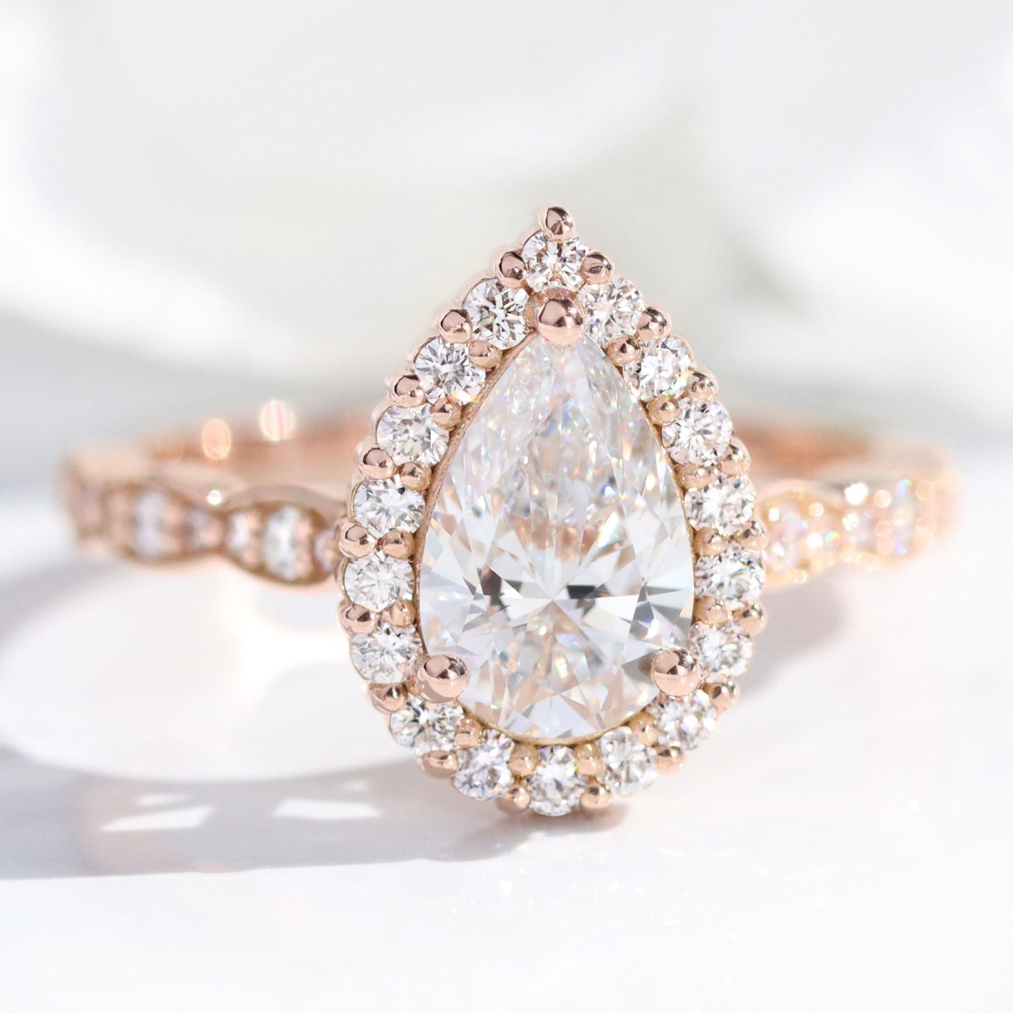 1.2 CT Pear Cut Curved Halo & Pave Moissanite Bridal Ring Set