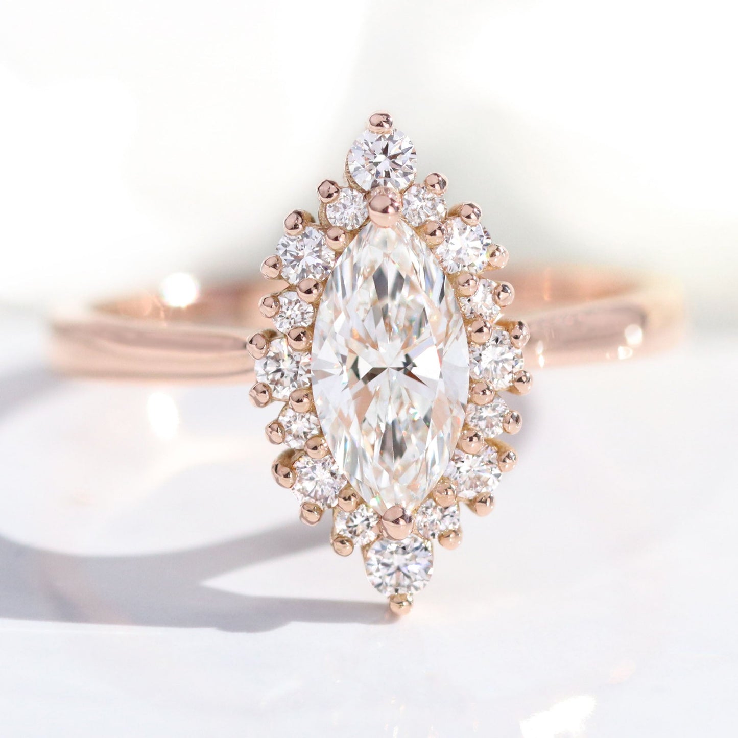 0.7 CT Marquise Cut Halo Style Moissanite Bridal Ring Set