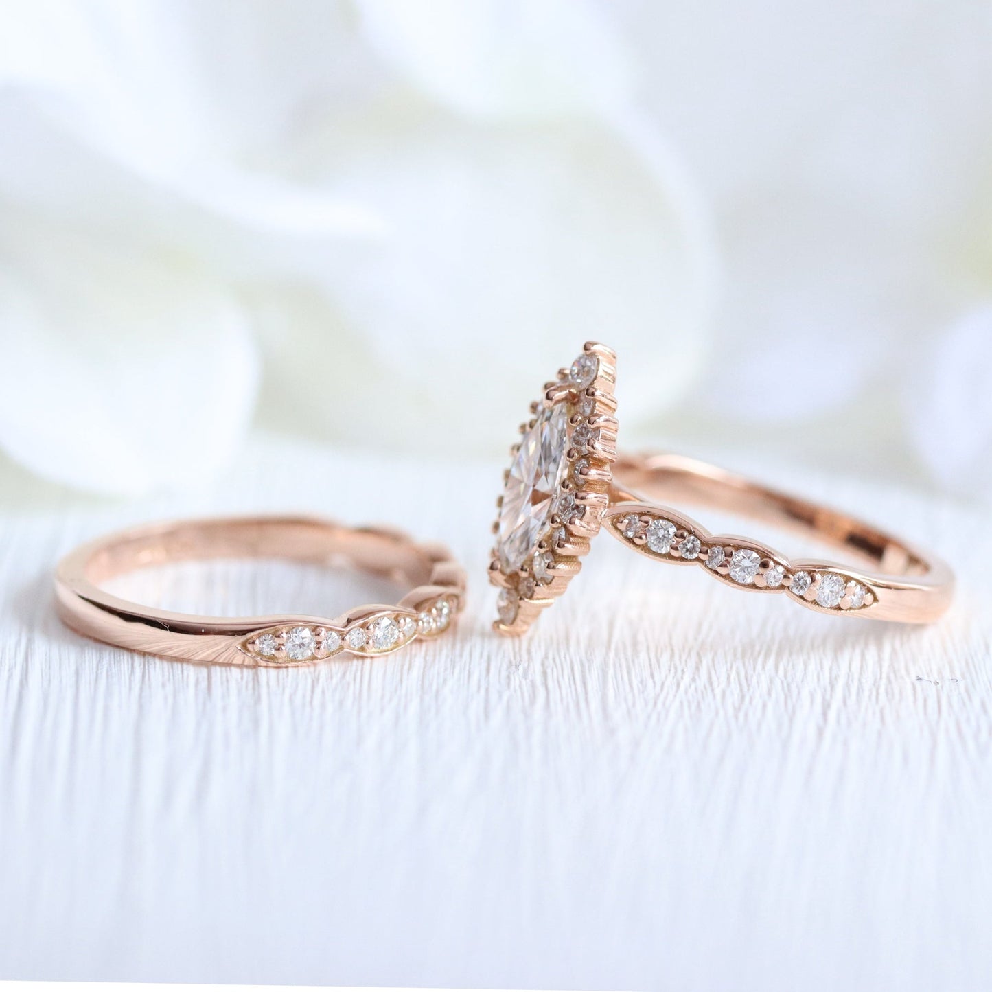 0.7 CT Marquise Cut Halo & Pave Moissanite Bridal Ring Set