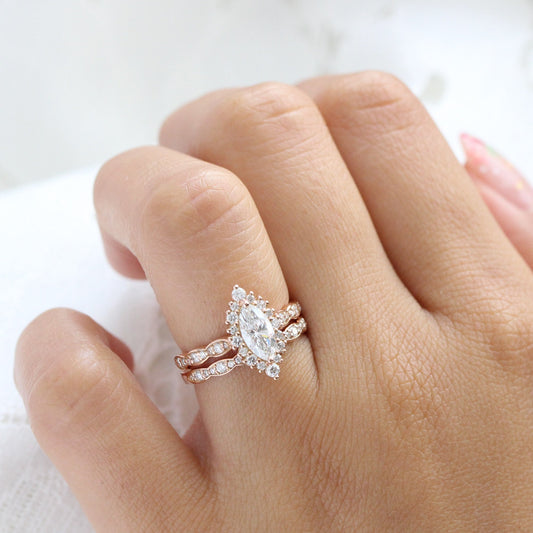 0.7 CT Marquise Cut Halo & Pave Moissanite Bridal Ring Set