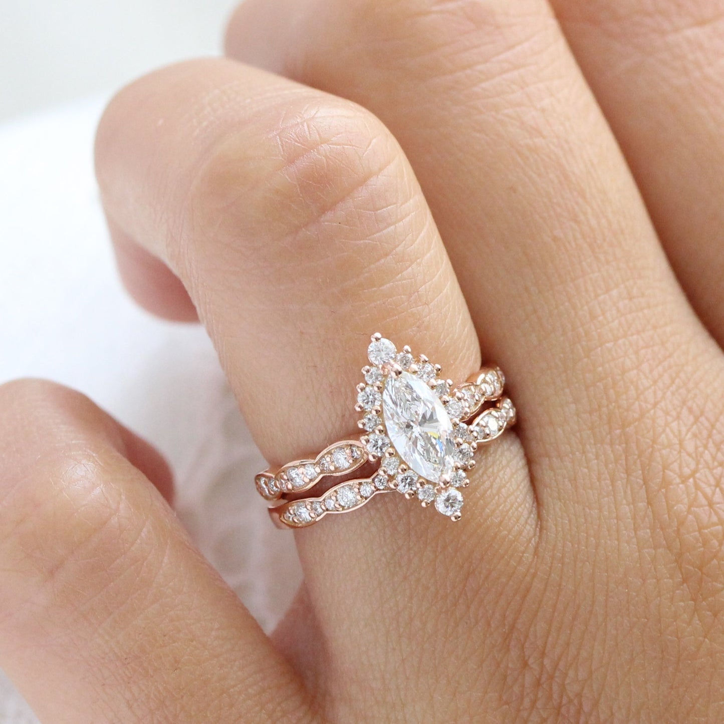0.7 CT Marquise Cut Halo & Pave Moissanite Bridal Ring Set