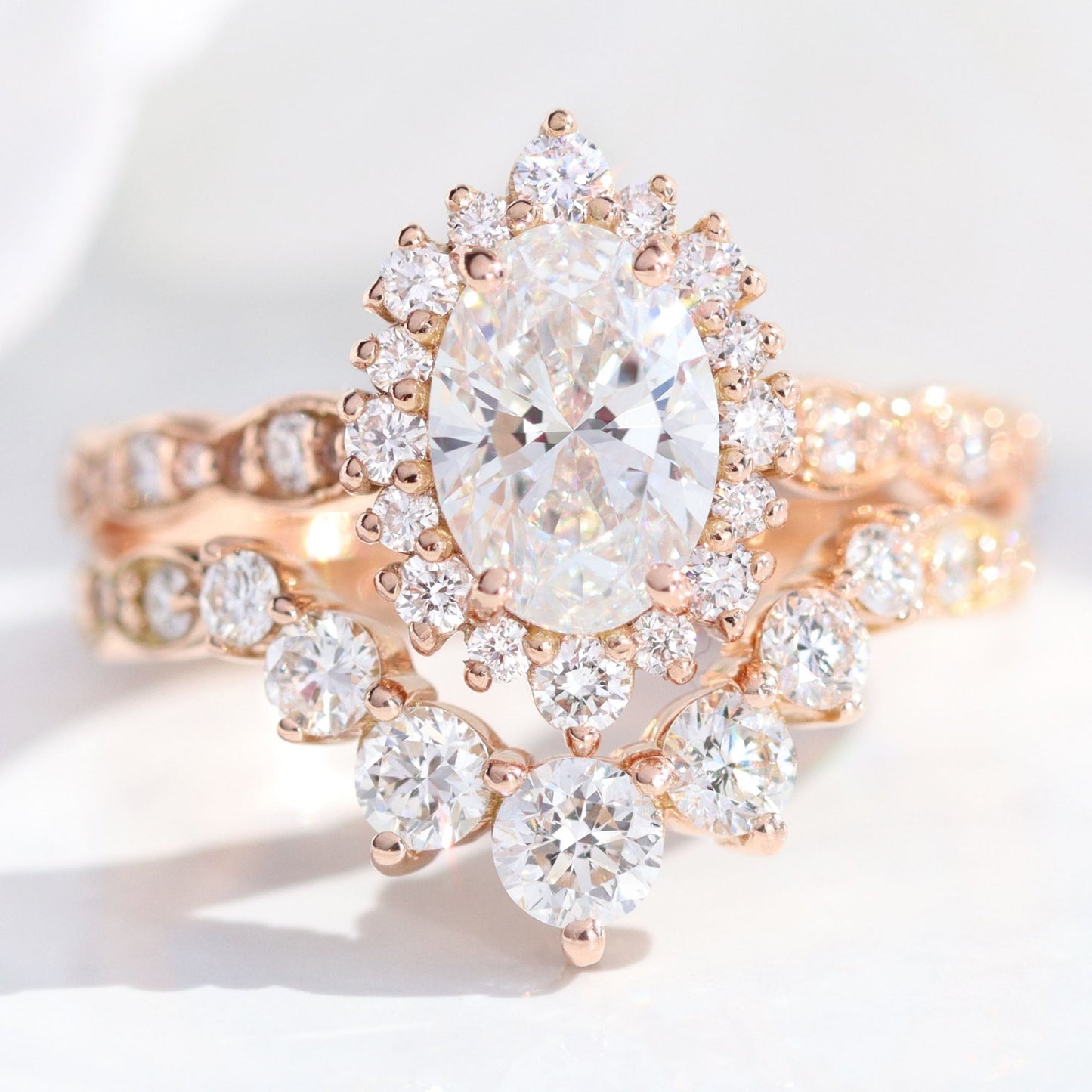 1.15 CT Oval Cut Halo & Pave Moissanite Bridal Ring Set