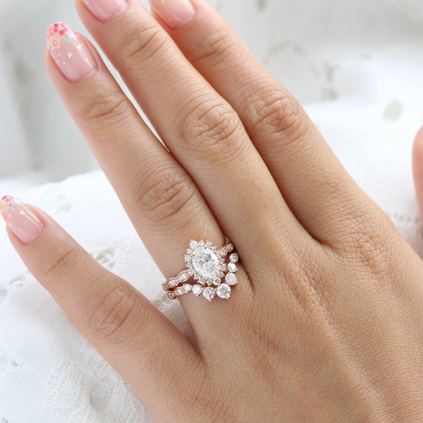 1.15 CT Oval Cut Halo & Pave Moissanite Bridal Ring Set
