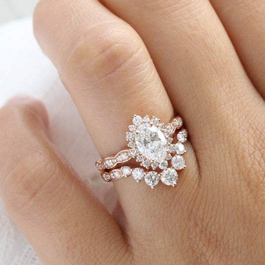 1.15 CT Oval Cut Halo & Pave Moissanite Bridal Ring Set